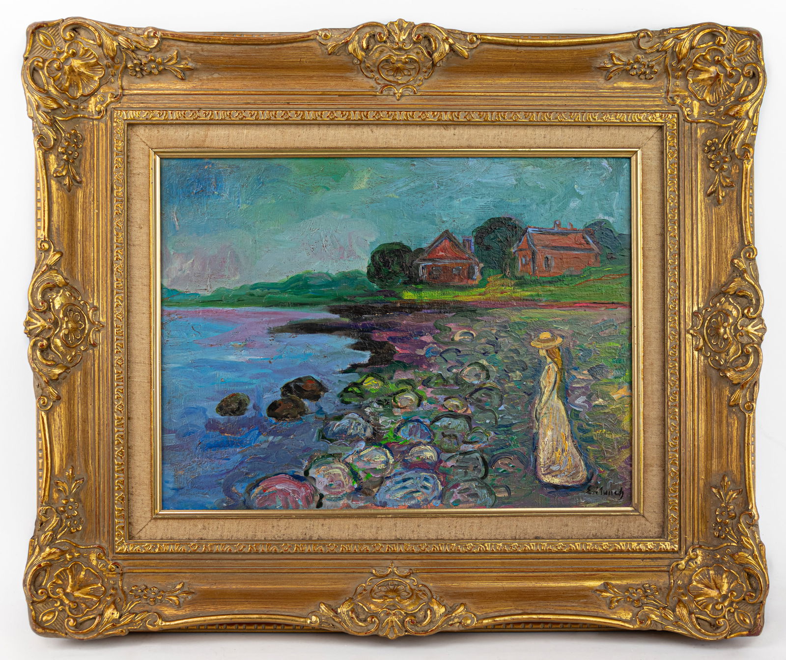 Edvard Munch Norwegian Framed Oil Painting (In Style of): This lot consists of a hand painted Oil on Canvas rendered in style of the Norwegian painter Edvard Munch (1863-1944) Edvard Munch Norwegian painter and printmaker whose intensely evocative treatment