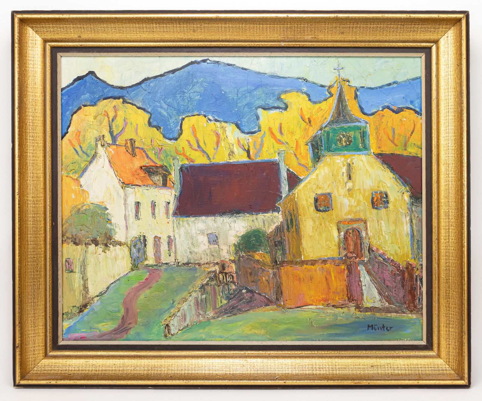 Gabriele Munter Expressionist Oil Painting (In Style of): This lot consists of a hand painted Oil on Board rendered in style of the German expressionist painter Gabriele Munter (1877-1962). She was a German expressionist painter who was at the forefront of t