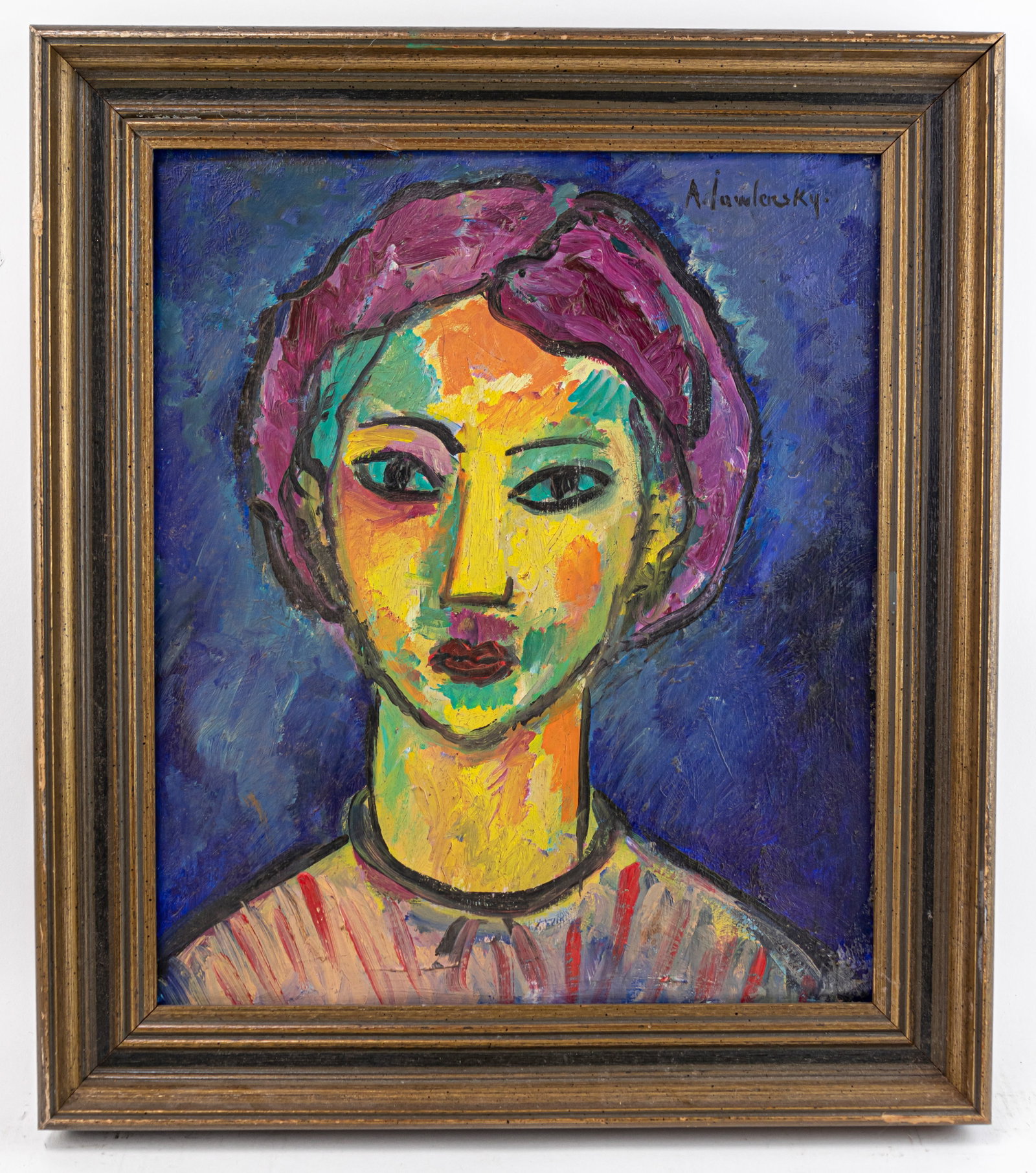 Alexej von Jawlensky Framed Oil Painting (In Style of): This lot consists of a hand painted Oil on board rendered in style of the Russian painter Alexej von Jawlensky (1864-1941) Alexej von Jawlensky primarily painted archetypal portraits in an increasingl