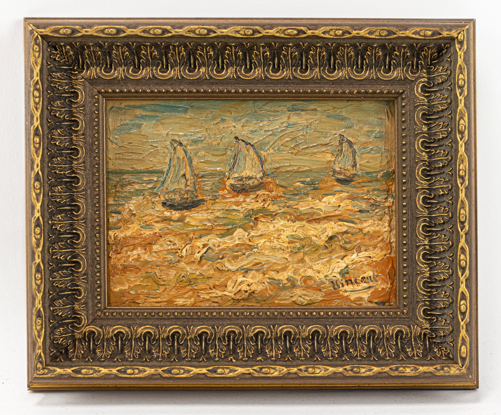 Vincent Van Gogh Dutch Oil Painting on Canvas Seascape (In Style of): This lot consists of a hand painted Oil on Canvas rendered in style of the Dutch painter Vincent van Gogh(1853-1890). Vincent Willem van Gogh generally considered the greatest after Rembrandt van Rijn