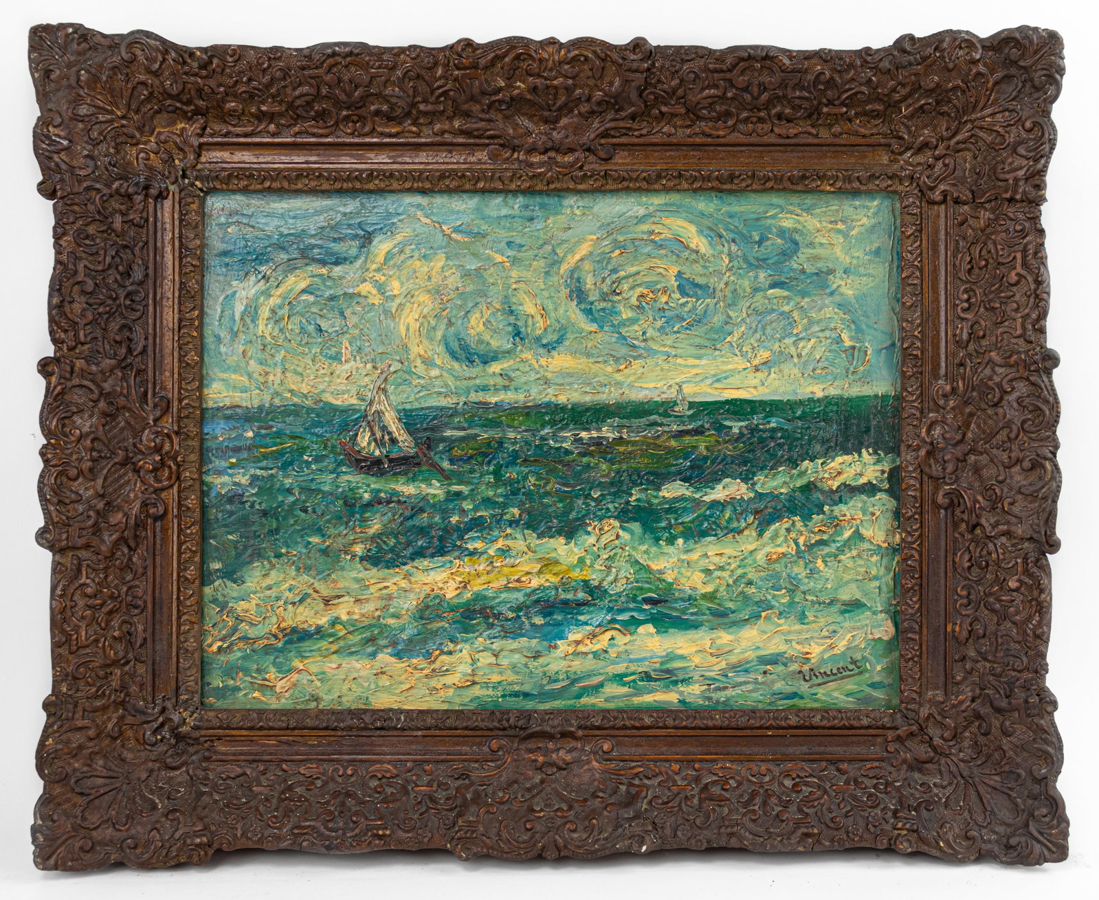 Vincent Van Gogh Dutch Oil Painting on Canvas Seascape (In Style of): This lot consists of a hand painted Oil on Canvas rendered in style of the Dutch painter Vincent van Gogh(1853-1890). Vincent Willem van Gogh generally considered the greatest after Rembrandt van Rijn