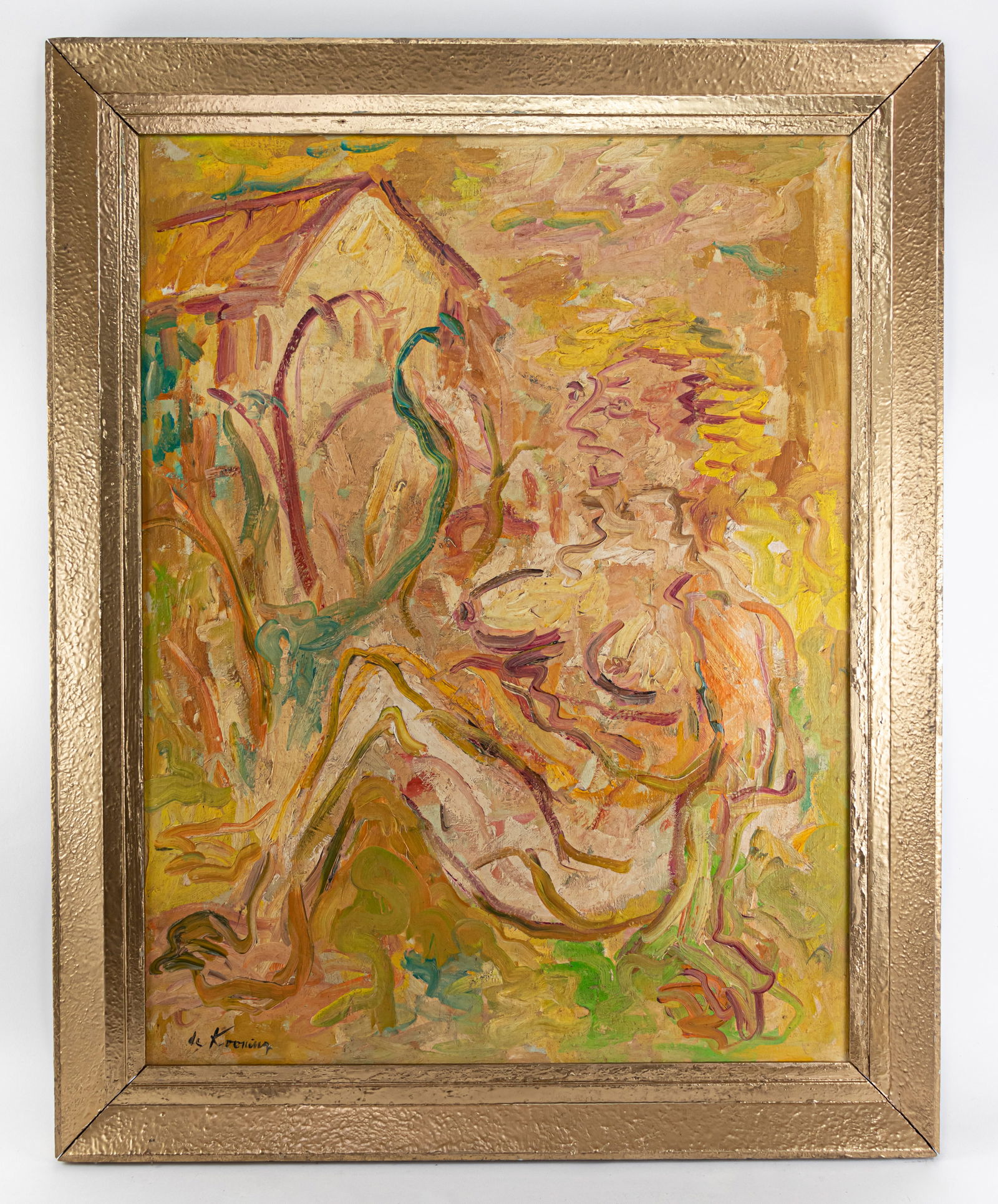 Willem de Kooning Expressionist Painting In Style Of: This lot consists of a hand painted oil on canvas rendered in style of the Dutch-American abstract expressionist artist Willem de Kooning (1904-1997) He was born in Rotterdam and moved to the United S