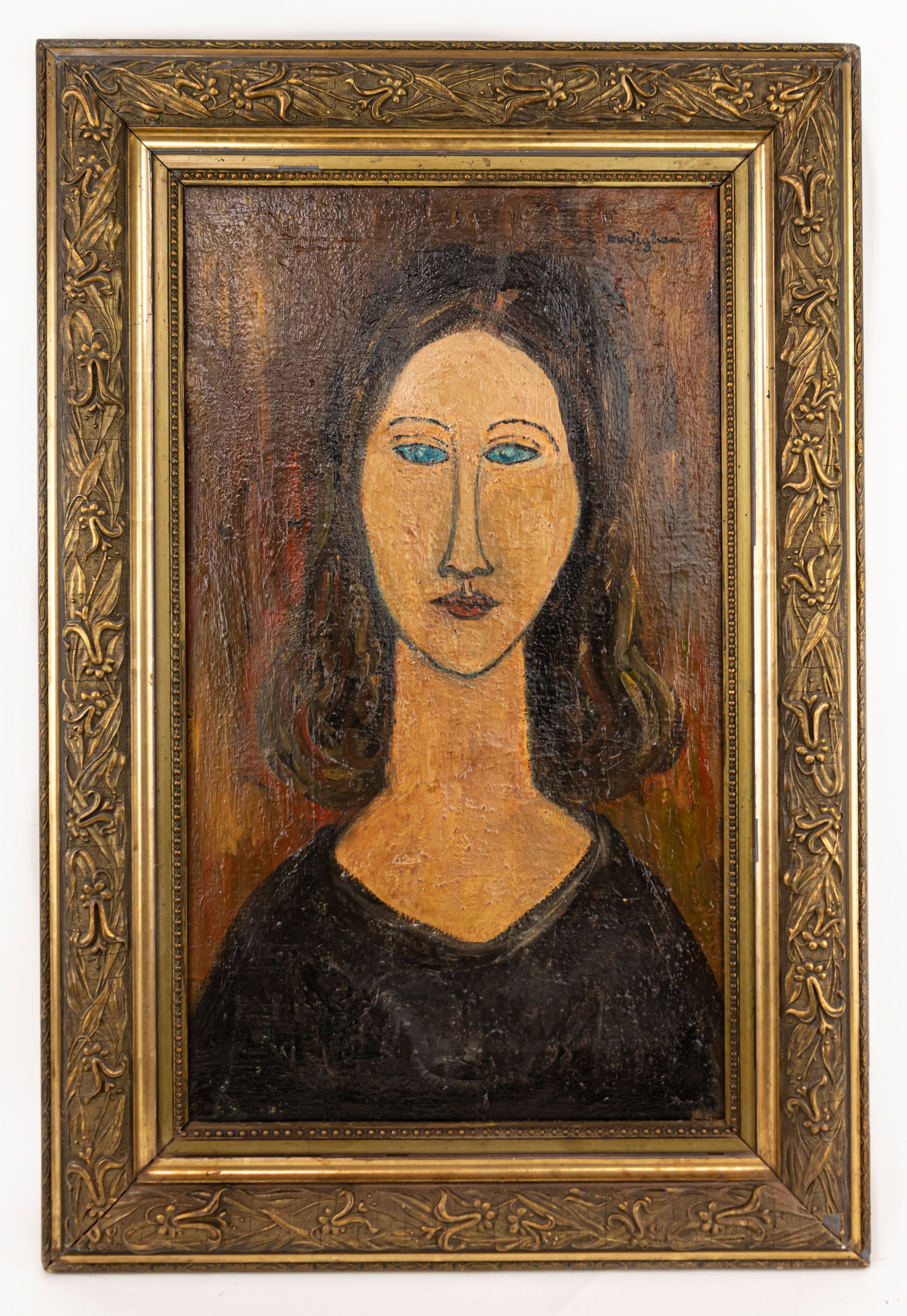 Amedeo Modigliani Expressionist Oil Painting (In Style Of): This lot consists of a hand painted oil on canvas rendered in style of the Expressionist painter Amedeo Modigliani (1884-1920) Amedeo Clemente Modigliani was an Italian Jewish painter and sculptor who