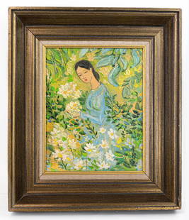 French-Vietname Le Pho Oil Painting on Canvas (in Style of): This lot consists of a hand painted Oil on canvas rendered in style of the French-Vietnamese painter Le Pho (1907-2001). Le Pho was a French-Vietnamese painter best known for his stylized depictions o