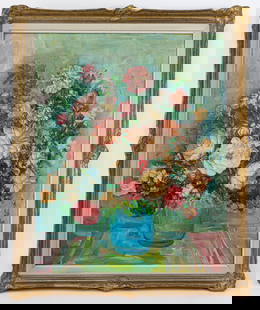 Le Pho French-Vietname Oil Painting on Canvas (in Style of): This lot consists of a hand painted Oil on canvas rendered in style of the French-Vietnamese painter Le Pho (1907-2001). Le Pho was a French-Vietnamese painter best known for his stylized depictions o