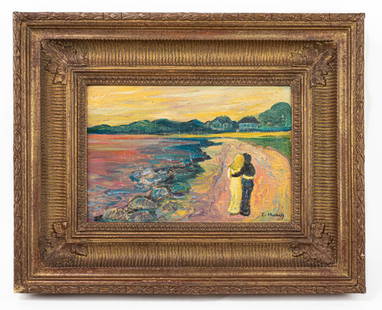 Edvard Munch Norwegian Framed Oil Painting (In Style of): This lot consists of a hand painted Oil on Canvas rendered in style of the Norwegian painter Edvard Munch (1863-1944) Edvard Munch Norwegian painter and printmaker whose intensely evocative treatment