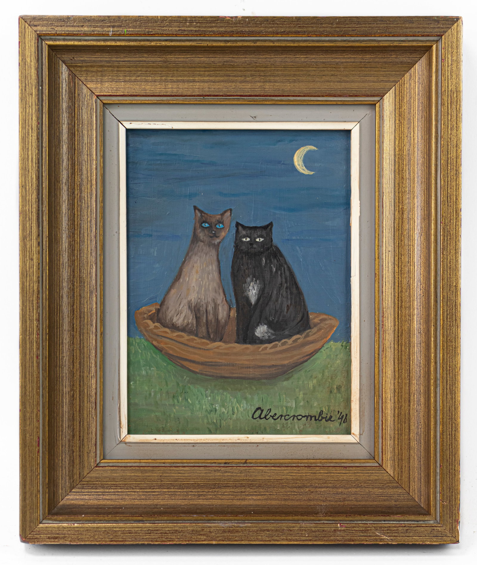 Gertrude Abercrombie American painting (Oil on Masonite) In style of: This lot consists of a hand painted Oil on Masonite rendered in style of the American Gertrude Abercrombie (1909-1977). They called her the "Queen of the Bohemian Artists," and she presided over gathe