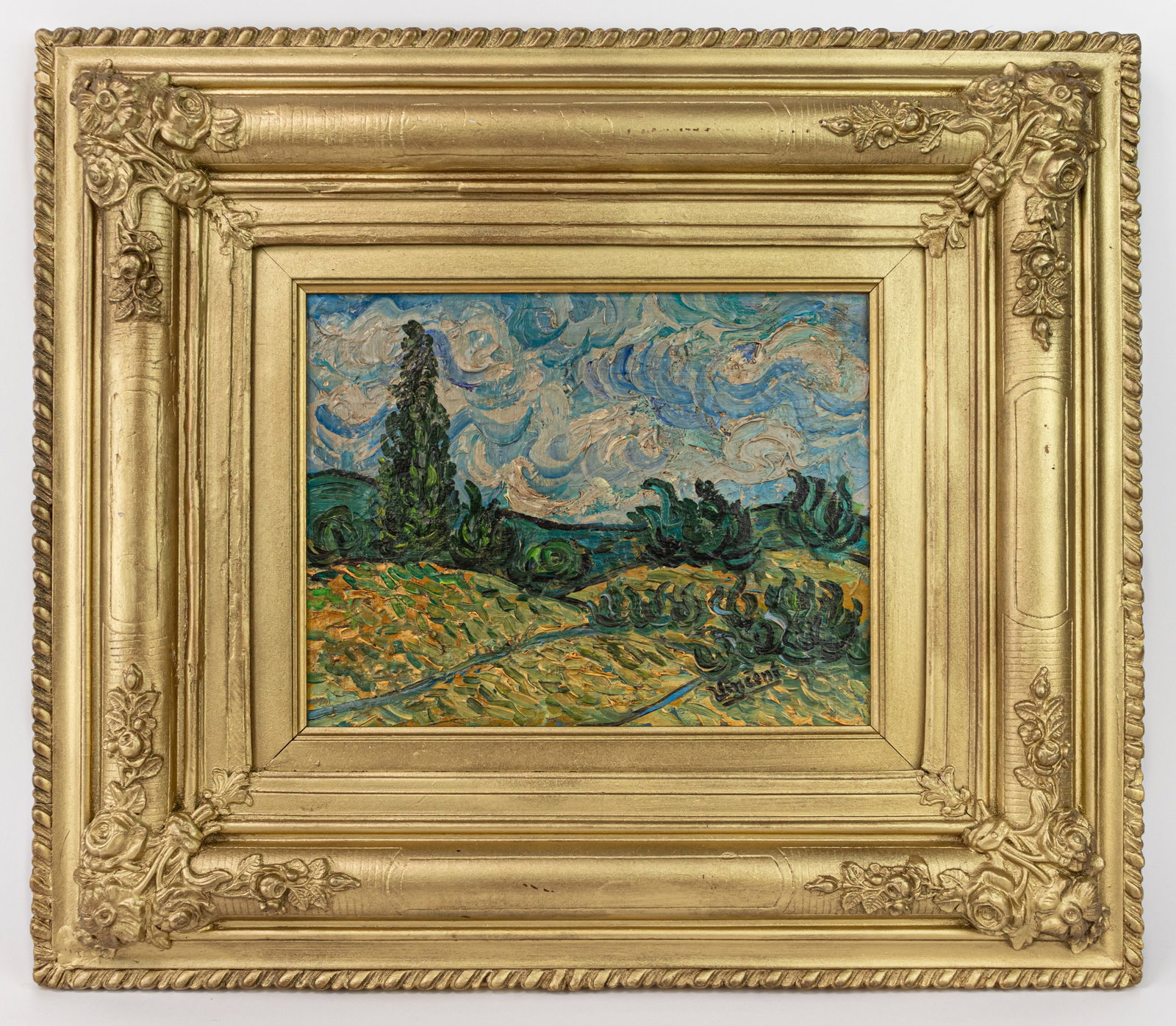 Vincent Van Gogh Dutch Framed Oil Painting on Canvas (In Style of): This lot consists of a hand painted Oil on Canvas rendered in style of the Dutch painter Vincent van Gogh(1853-1890). Vincent Willem van Gogh generally considered the greatest after Rembrandt van Rijn
