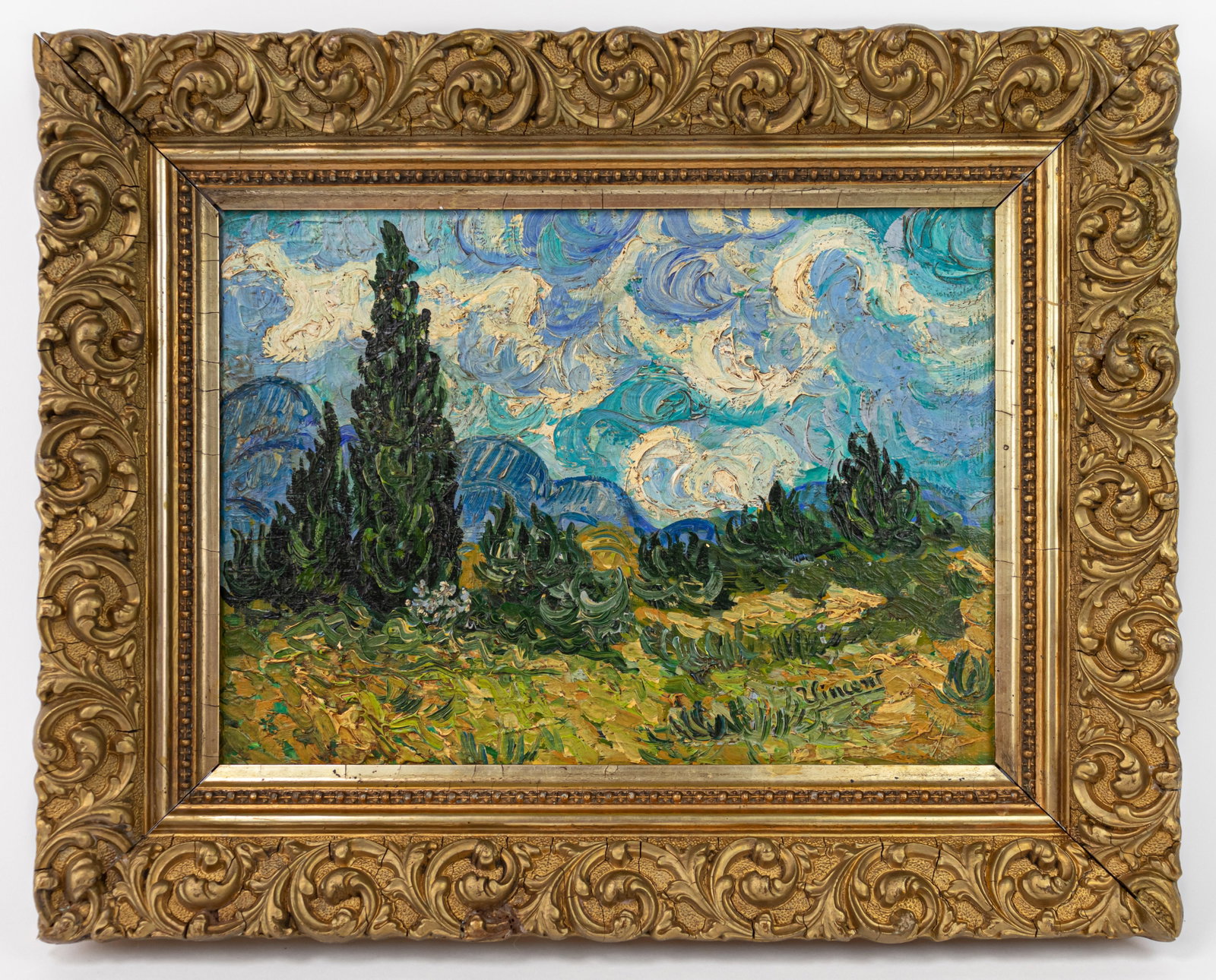 Vincent Van Gogh Dutch Framed Oil Painting on Canvas (In Style of): This lot consists of a hand painted Oil on Canvas rendered in style of the Dutch painter Vincent van Gogh(1853-1890). Vincent Willem van Gogh generally considered the greatest after Rembrandt van Rijn