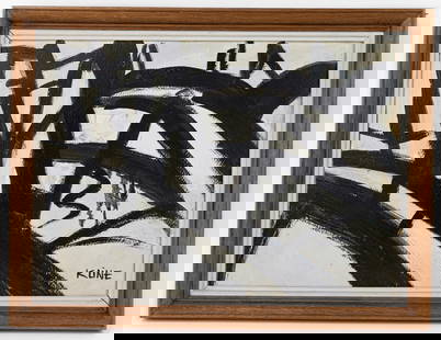 Franz Kline American Abstract Expressionist In style of: This lot consists of a hand painted Oil on Cardboard rendered in style of the American painter Franz Kline He was an American painter. He is associated with the Abstract Expressionist movement of the