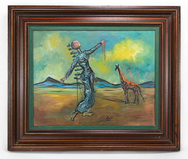Salvador Dali Surrealist Oil Painting on Canvas, In Style of: This lot consists of a hand painted Oil on Canvas rendered in style of the Spanish painter Salvador Dali (1904-1989) Salvador Domingo Felipe Jacinto Dali I Domenech was born on the 11 May 1904 in Figu