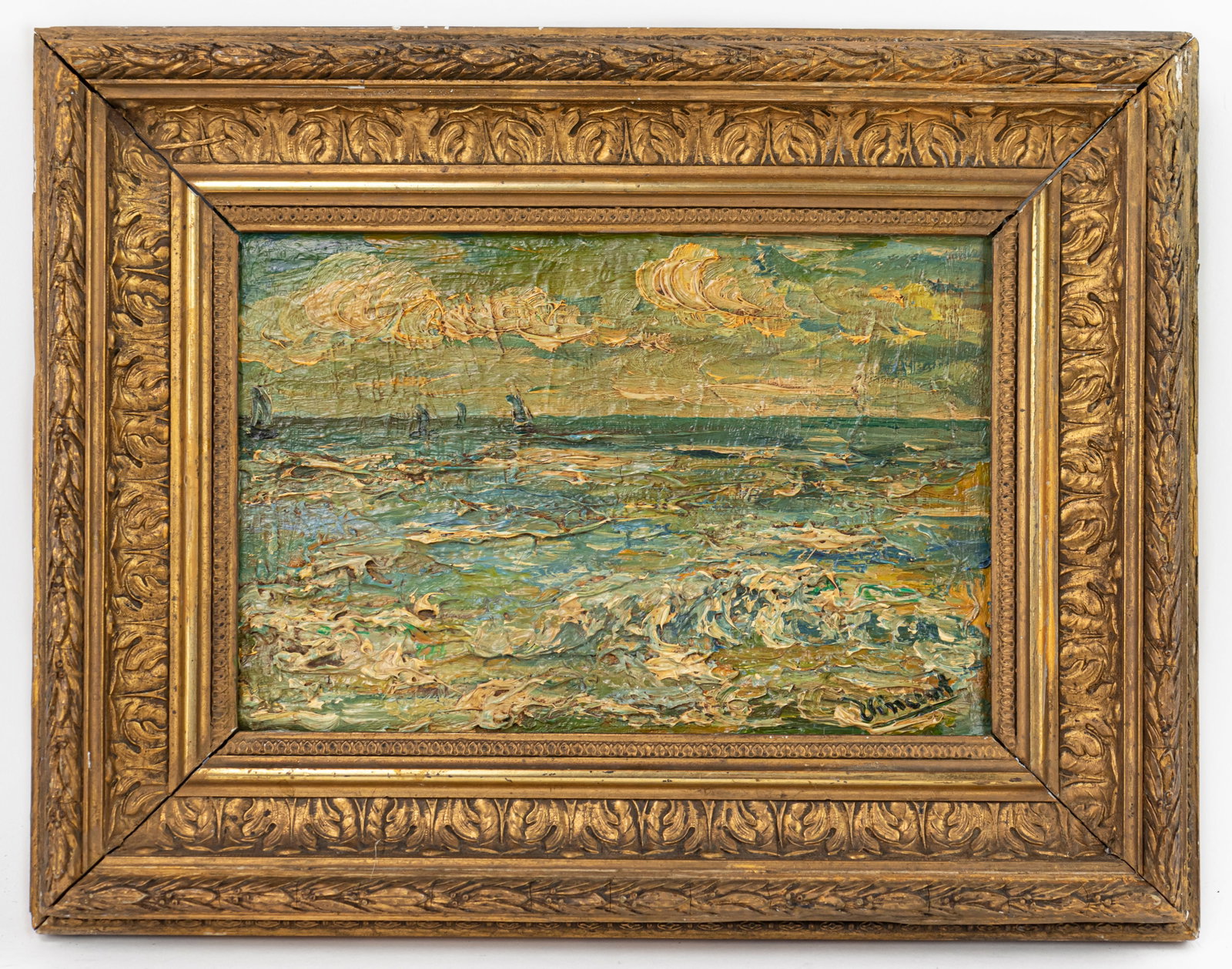 Van Gogh Dutch Oil Painting on Canvas Seascape (In Style of): This lot consists of a hand painted Oil on Canvas rendered in style of the Dutch painter Vincent van Gogh(1853-1890). Vincent Willem van Gogh generally considered the greatest after Rembrandt van Rijn
