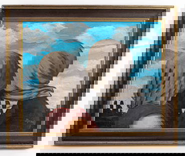 Rene Magritte Belgian surrealist Painting (in Style of): This lot consists of a hand painted Oil on Canvas, rendered in style of the Belgian surrealist artist Rene Magritte (1898-1967). Rene Francois Ghislain Magritte was a Belgian surrealist artist, who be
