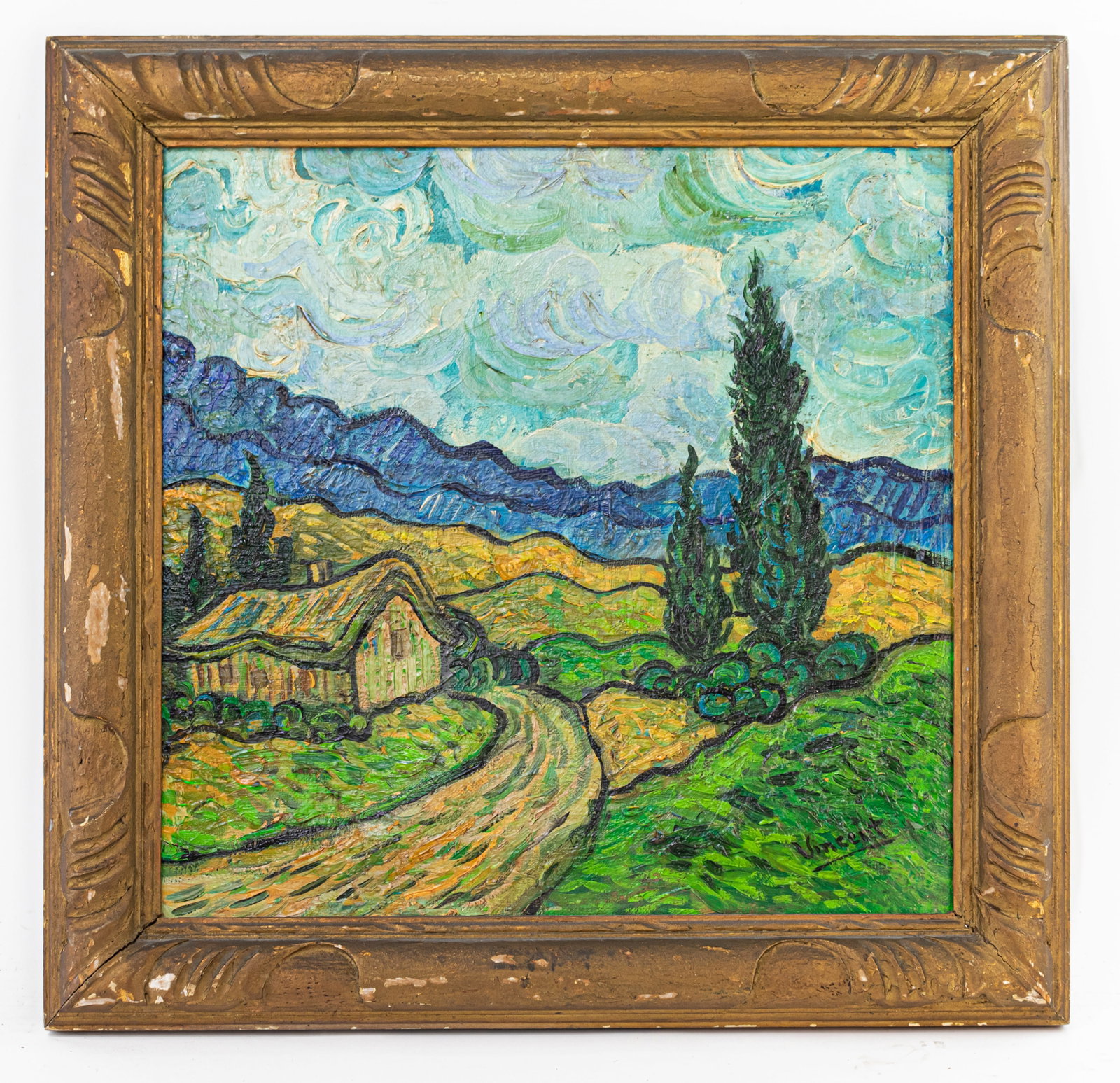 Vincent Van Gogh Dutch Framed Oil Painting on Canvas (In Style of): This lot consists of a hand painted Oil on Canvas rendered in style of the Dutch painter Vincent van Gogh(1853-1890). Vincent Willem van Gogh generally considered the greatest after Rembrandt van Rijn