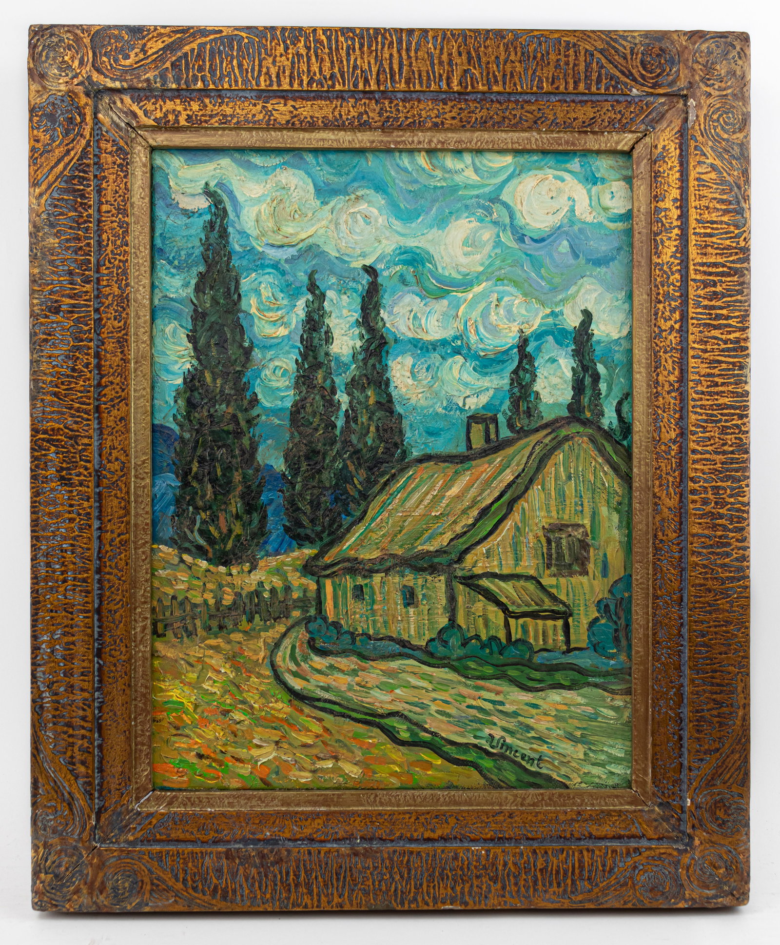 Vincent Van Gogh Dutch Framed Oil Painting on Canvas (In Style of): This lot consists of a hand painted Oil on Canvas rendered in style of the Dutch painter Vincent van Gogh(1853-1890). Vincent Willem van Gogh generally considered the greatest after Rembrandt van Rijn