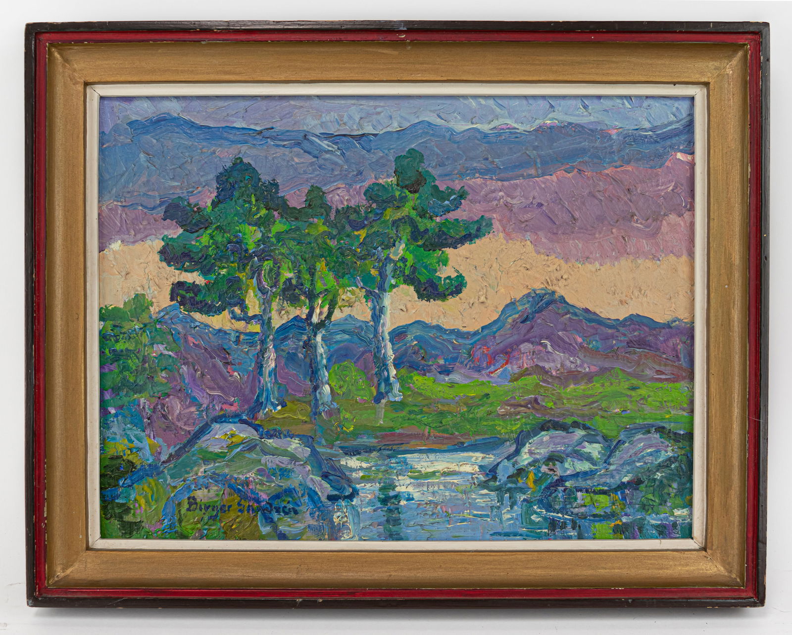 Birger Sandzen American Landscape Oil Painting signed (In Style of): This lot consists of a hand painted Oil on Canvas rendered in style of the Swedish painter Birger Sandzen Sven Birger Sandzen known more commonly as Birger Sandzen, was a Swedish painter best known fo