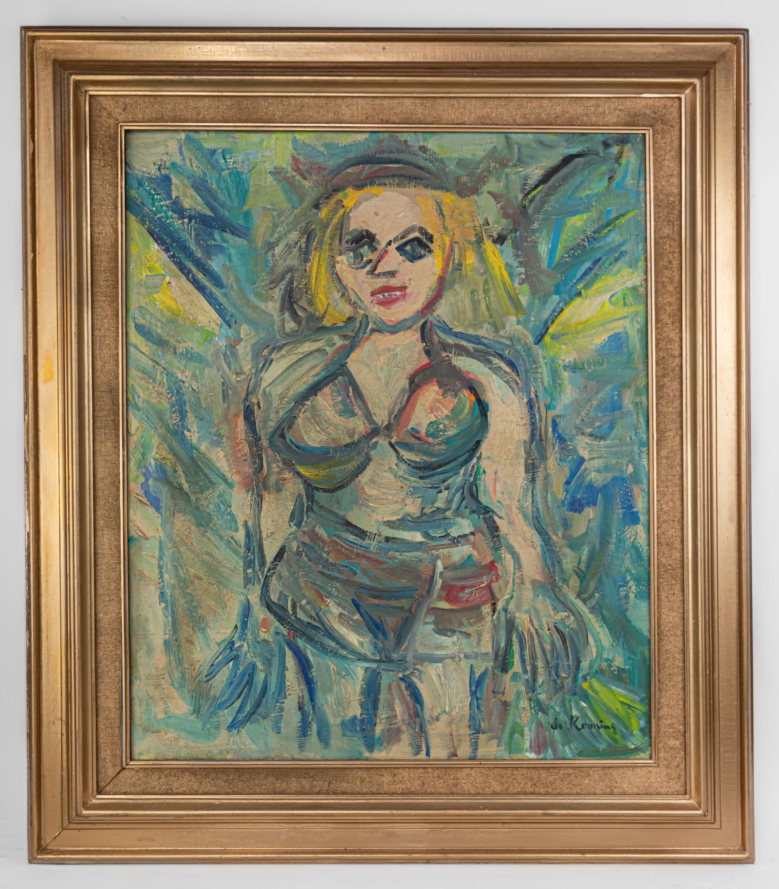 Willem de Kooning Expressionist Painting In Style Of: This lot consists of a hand painted oil on canvas rendered in style of the Dutch-American abstract expressionist artist Willem de Kooning (1904-1997) He was born in Rotterdam and moved to the United S