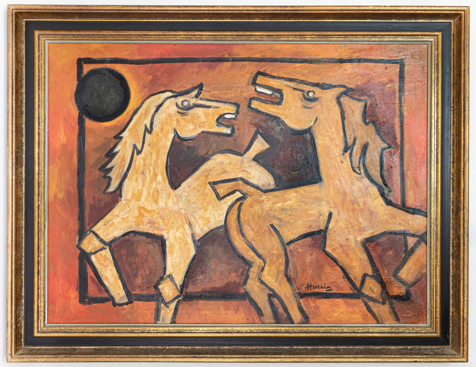 Maqbool Fida Husain Painting (In Style of): This lot consists of a hand painted Oil on Canvas rendered in style of the Indian artist Maqbool Fida Husain (1915-2011). Maqbool Fida Husain, better known as M. F. Husain was an Indian artist known