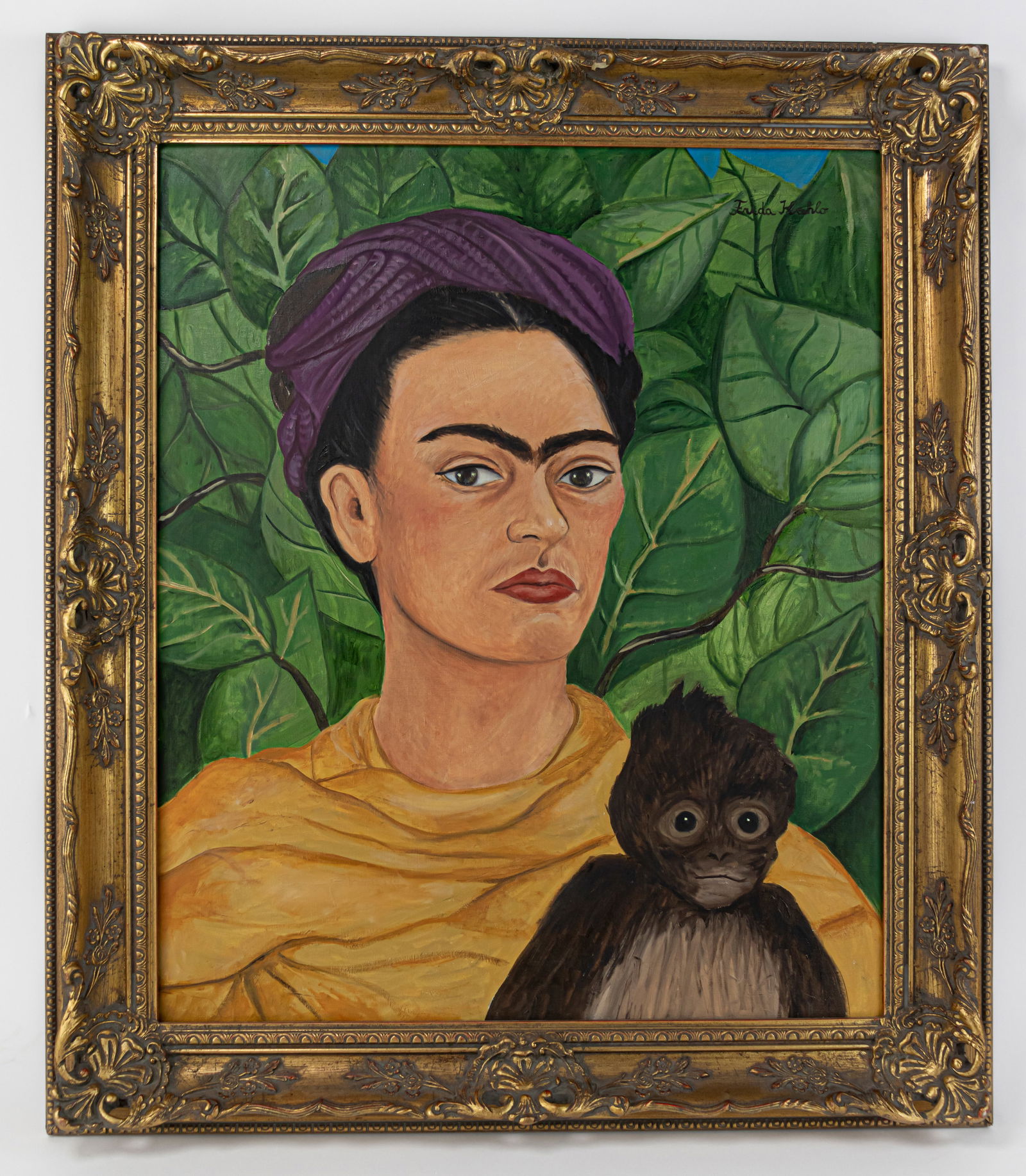 Frida Kahlo Self Portrait Framed Oil Painting (In Style of): This lot consists of a hand painted oil on canvas rendered in style of the Mexican painter Frida Kahlo (1907-1954) She was a Mexican painter known for her many portraits, self-portraits, and works