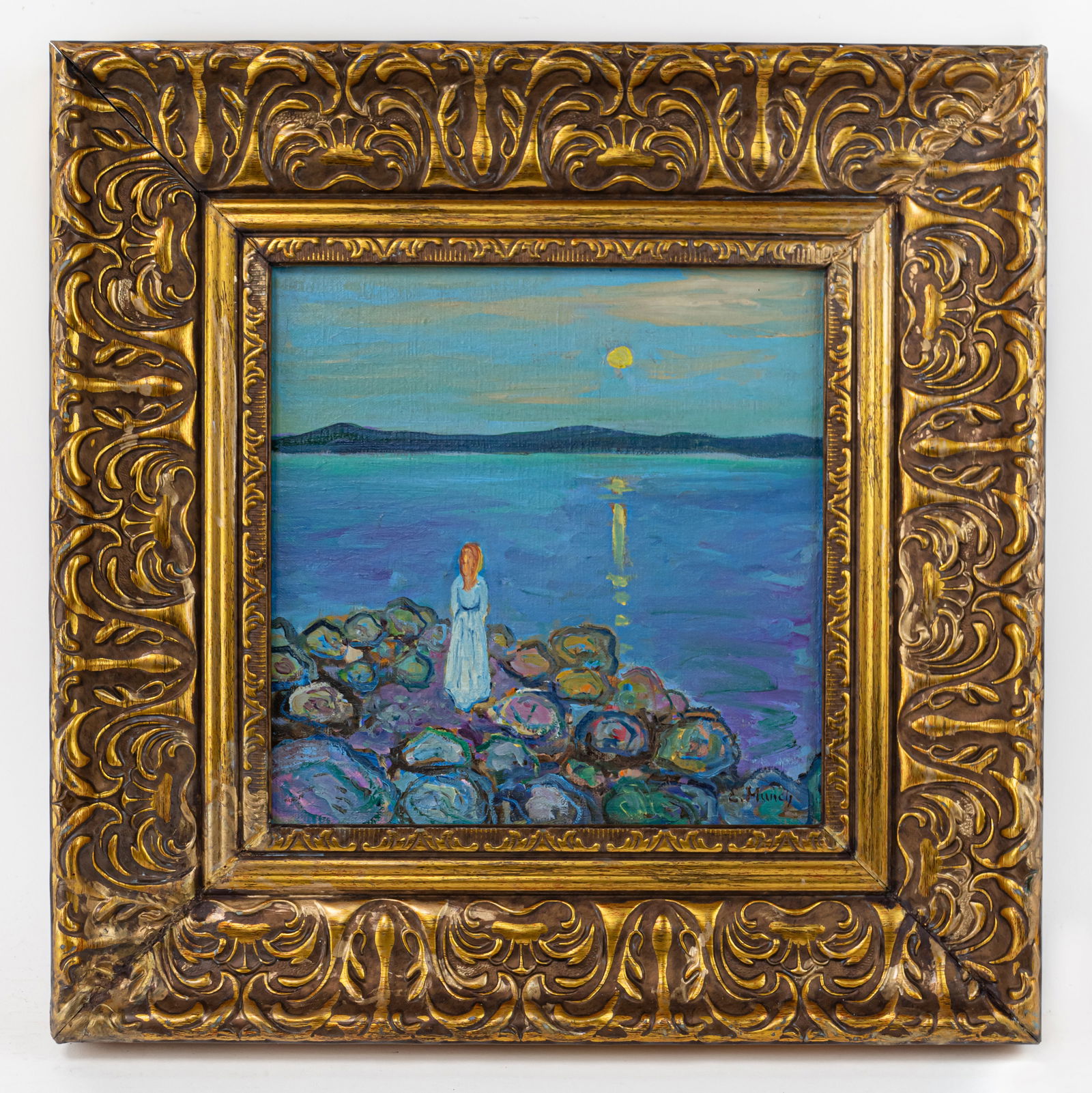 Edvard Munch Norwegian Framed Oil Painting (Style of): This lot consists of a hand painted Oil on Canvas rendered in style of the Norwegian painter Edvard Munch (1863-1944) Edvard Munch Norwegian painter and printmaker whose intensely evocative treatment