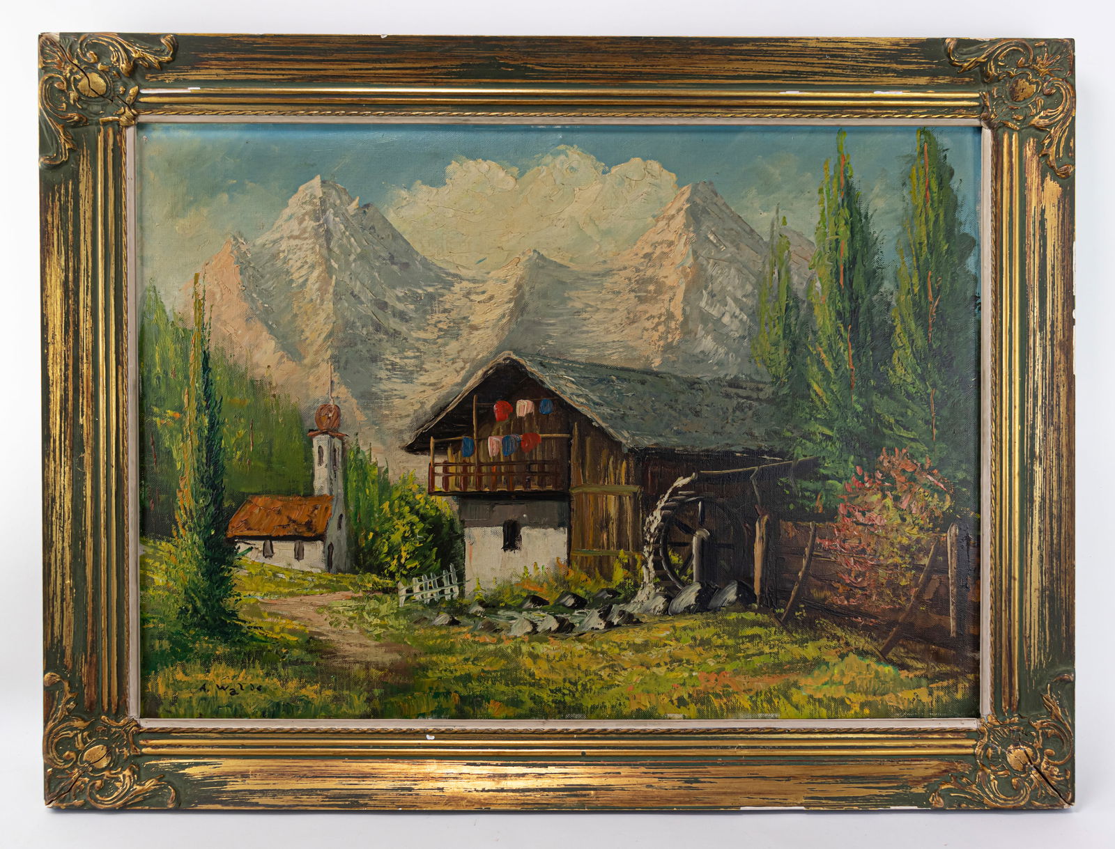 Austrian Landscape Alfons Walde Oil on Canvas (In Style of): This lot consists of a hand painted oil on canvas rendered in the style of Austrian painter Alfons Walde (1891-1958). Alfons Walde was an Austrian landscape and farm painter. Inspired by the mountaino