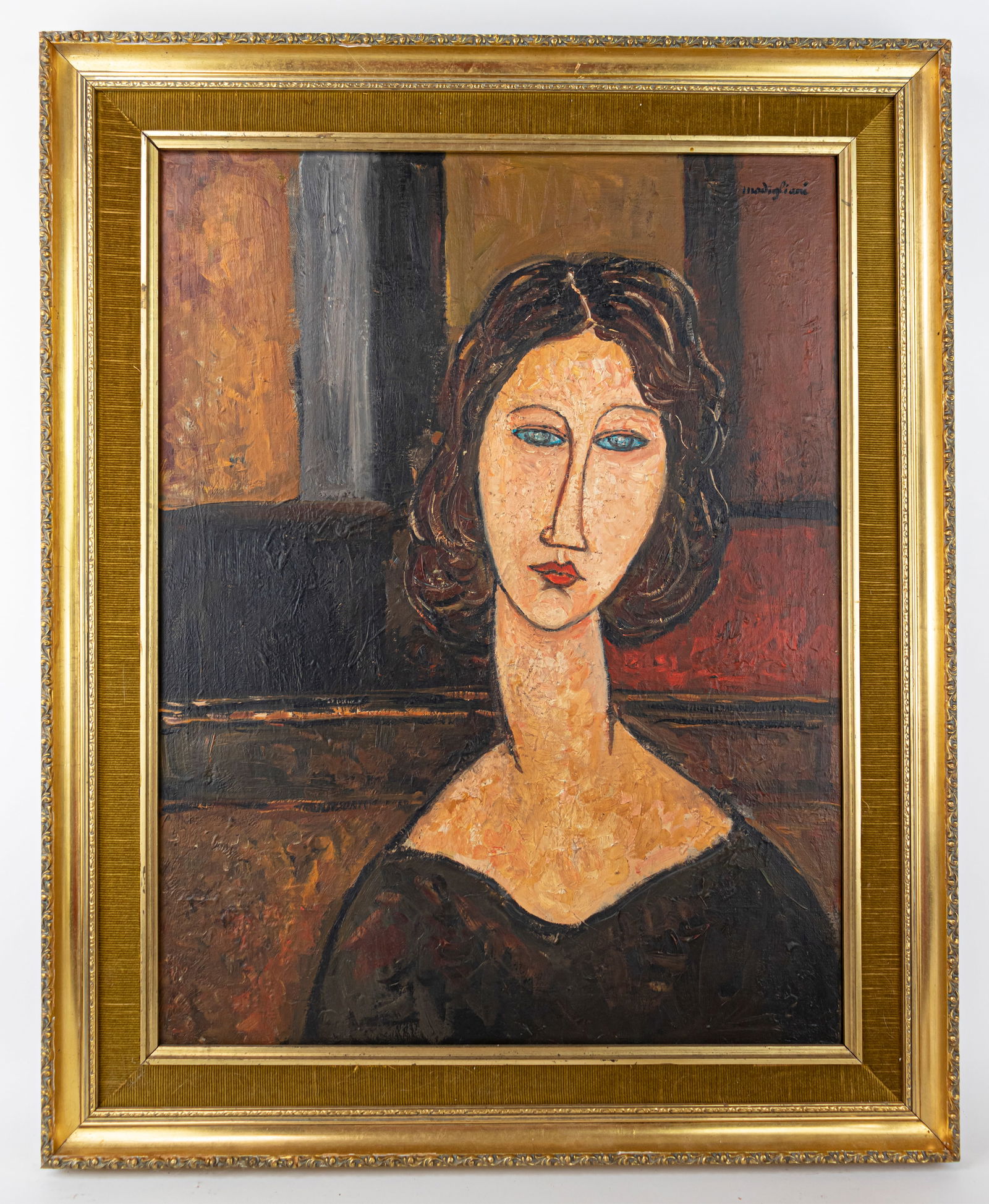 Amedeo Modigliani Expressionist Oil Painting (In Style Of): This lot consists of a hand painted oil on canvas rendered in style of the Expressionist painter Amedeo Modigliani (1884-1920) Amedeo Clemente Modigliani was an Italian Jewish painter and sculptor who