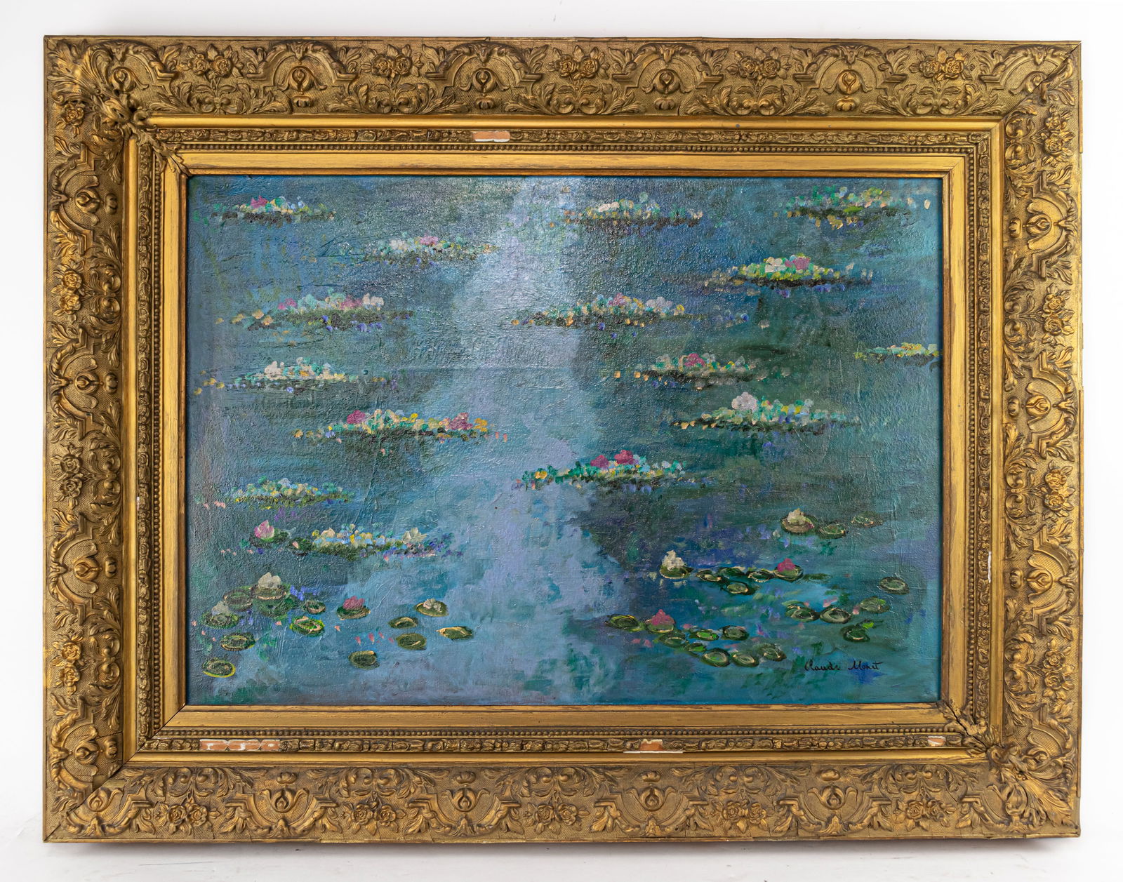 Claude Monet Water Lilies (Oil on Canvas Painting) In style of: This lot consists of a hand painted Oil on Canvas rendered in style of the French painter Claude Monet (1840-1926). Oscar-Claude Monet was a French painter, a founder of French Impressionist painting
