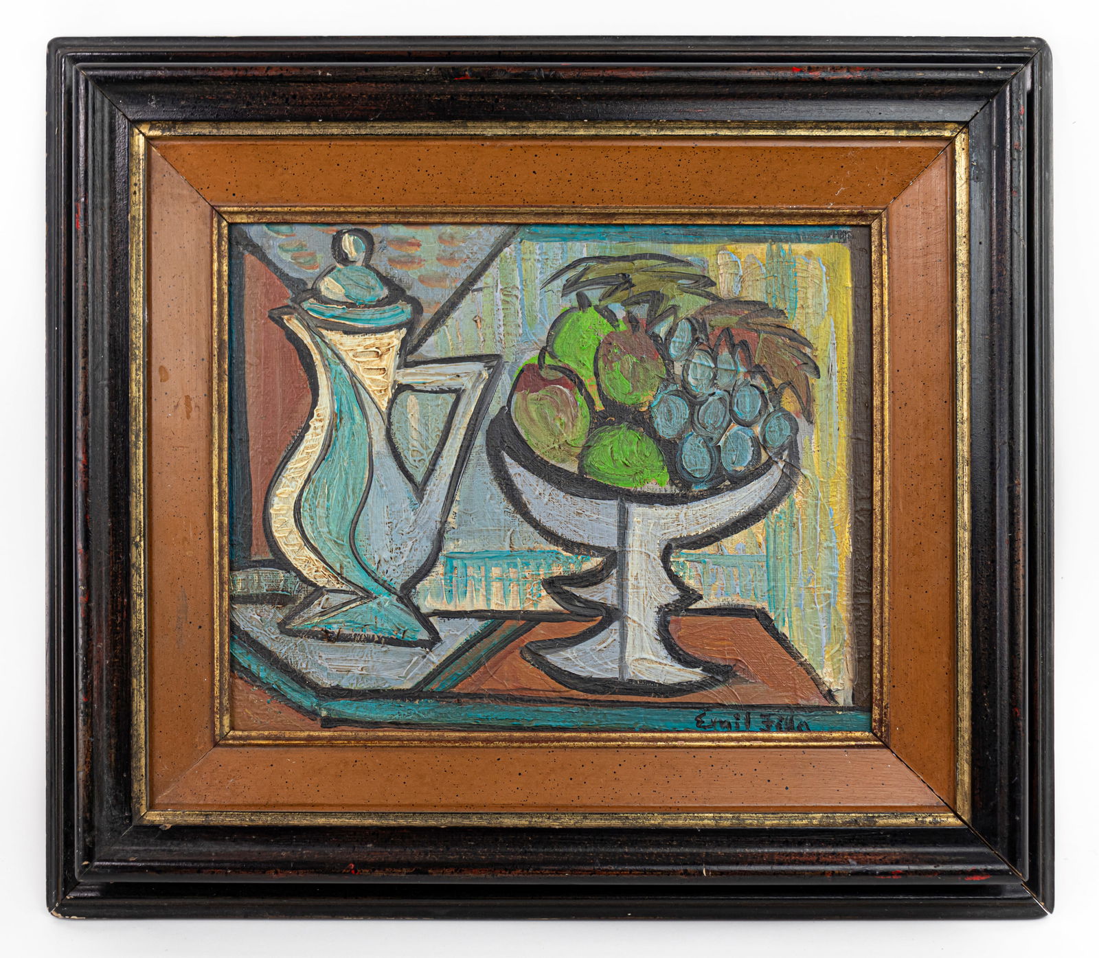 Emil Filla Czech Cubist Oil Painting (In Style of): This lot consists of a hand painted Oil on Canvas rendered in style of the Czech painter Emil Filla Emil Filla was a Czech painter whose works melded aspects of Cubism and Fauvism in his still lifes,
