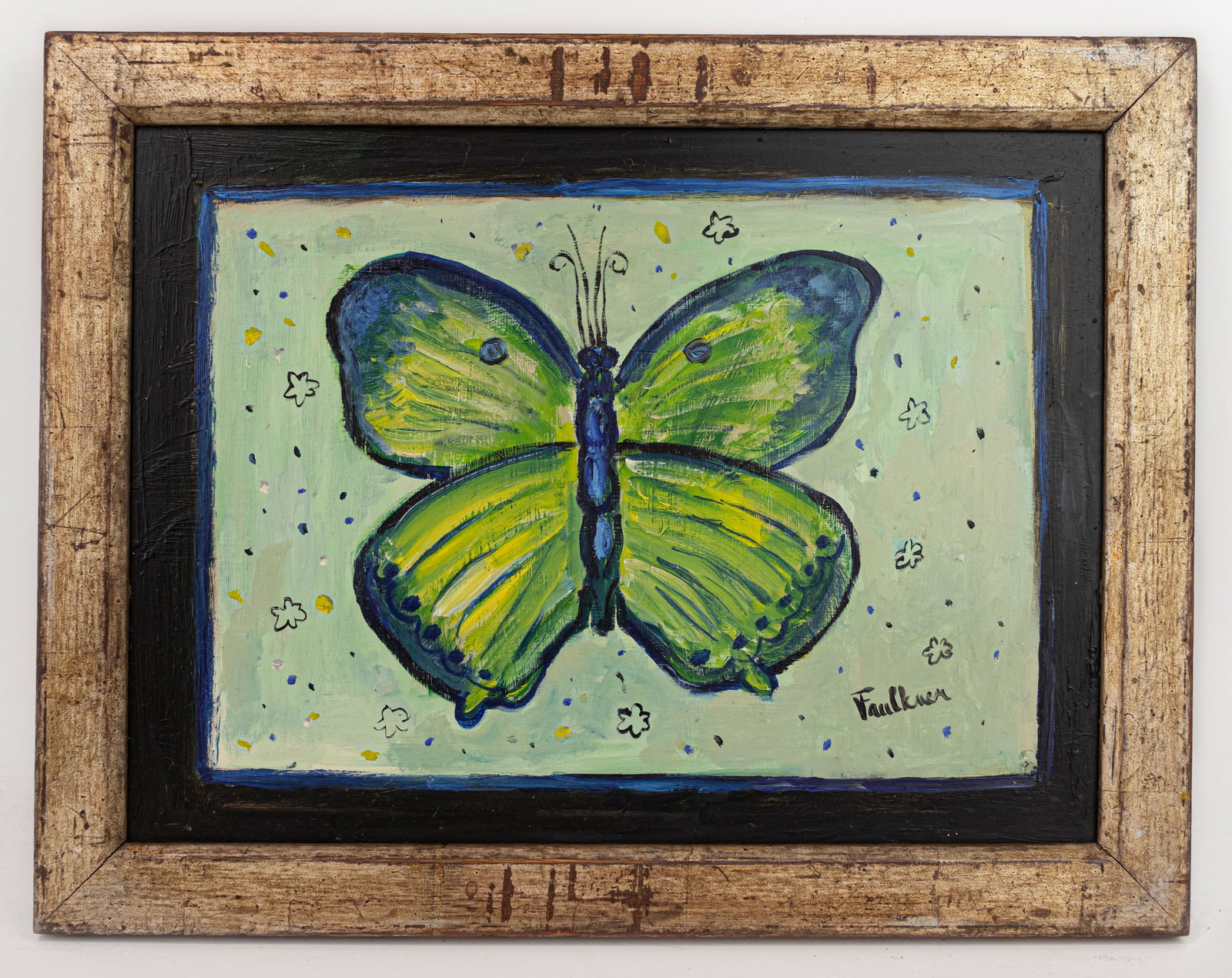 Henry Faulkner Surrealist Painting In the Style of: This lot consists of a hand painted oil on Masonite rendered in style of the Kentucky-born artist and poet Henry Faulkner (1924-1981). Lawrence Faulkner was a Kentucky-born artist and poet known as an