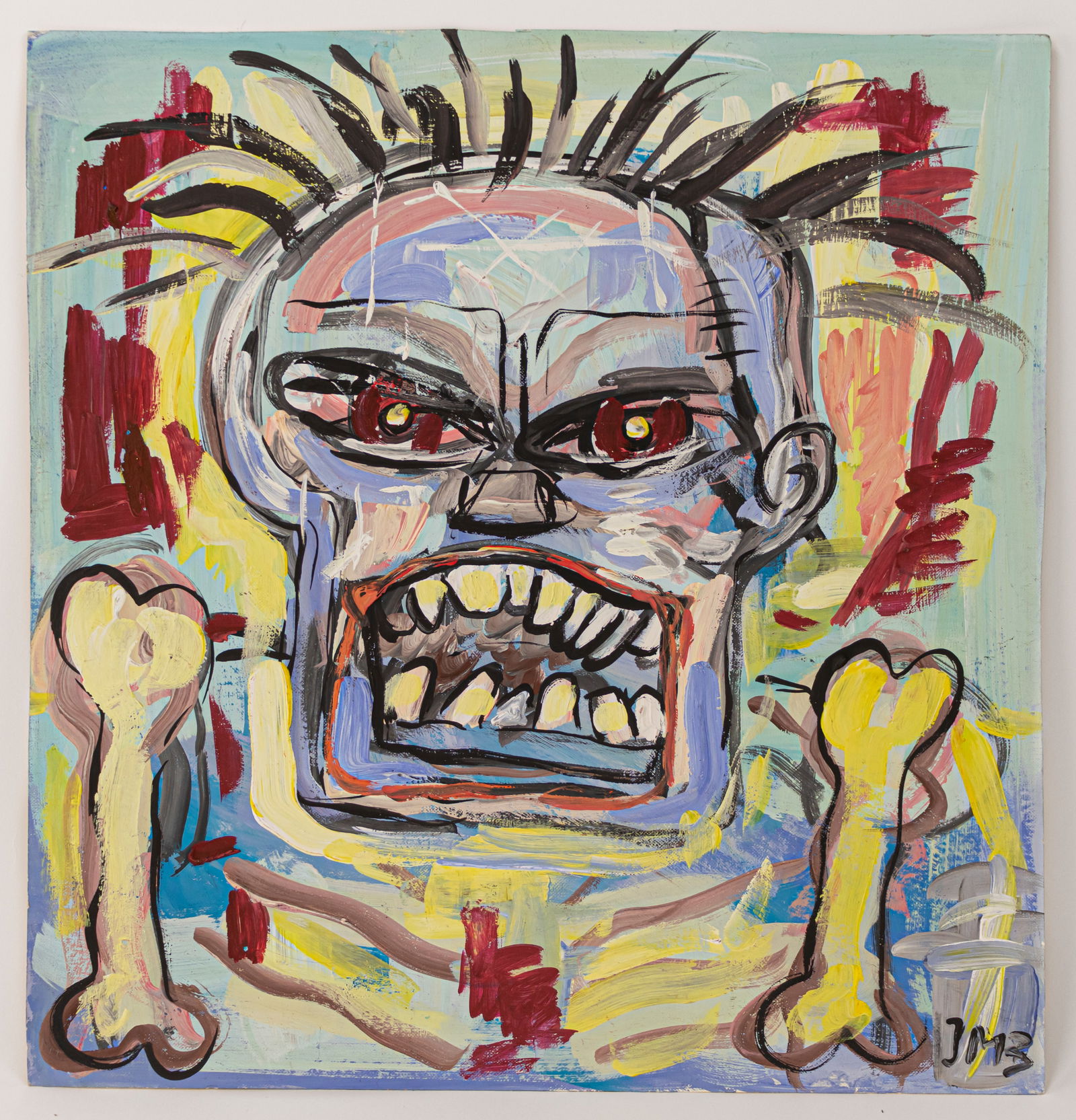 Jean-Michel Basquiat Painting SAMO JMB (In Style of): This lot consists of a hand painted mixed media on cardboard rendered in style of the American artist Jean-Michel Basquiat (1960-1988). Jean-Michel Basquiat was an American artist who rose to success