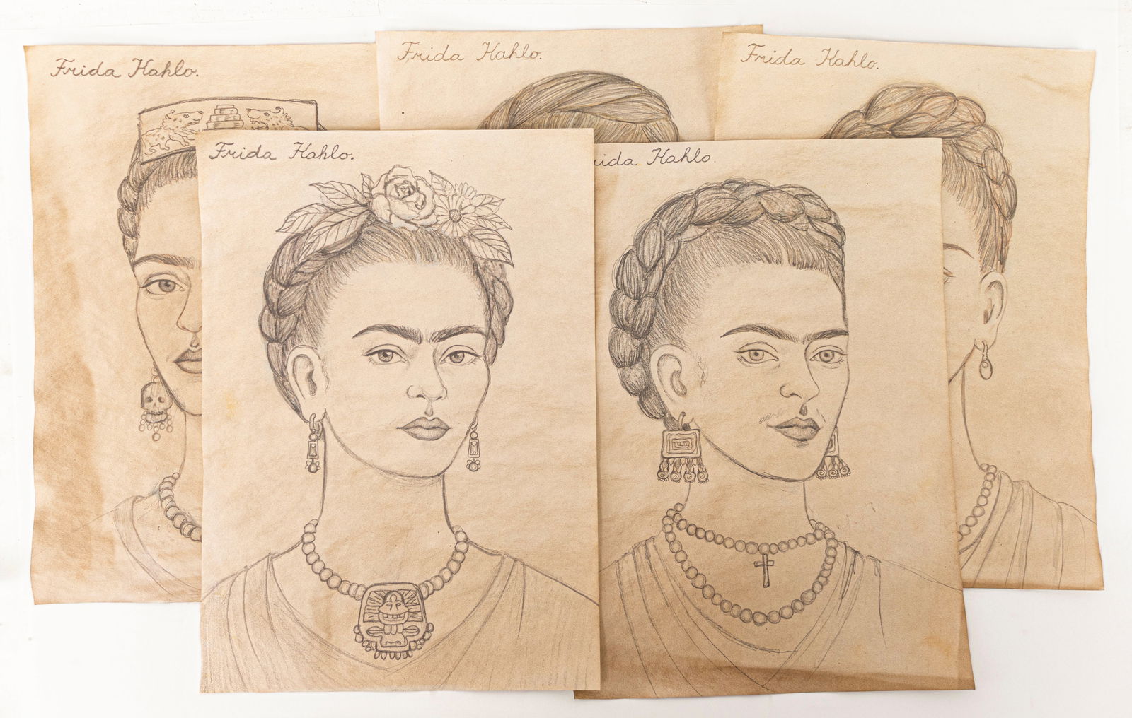 Frida Kahlo Self Portrait Drawings (in Style of): This lot consists of five(5) pencil self-portrait on paper rendered in style of the Mexican painter Frida Kahlo (1907-1954) She was a Mexican painter known for her many portraits, self-portraits, and