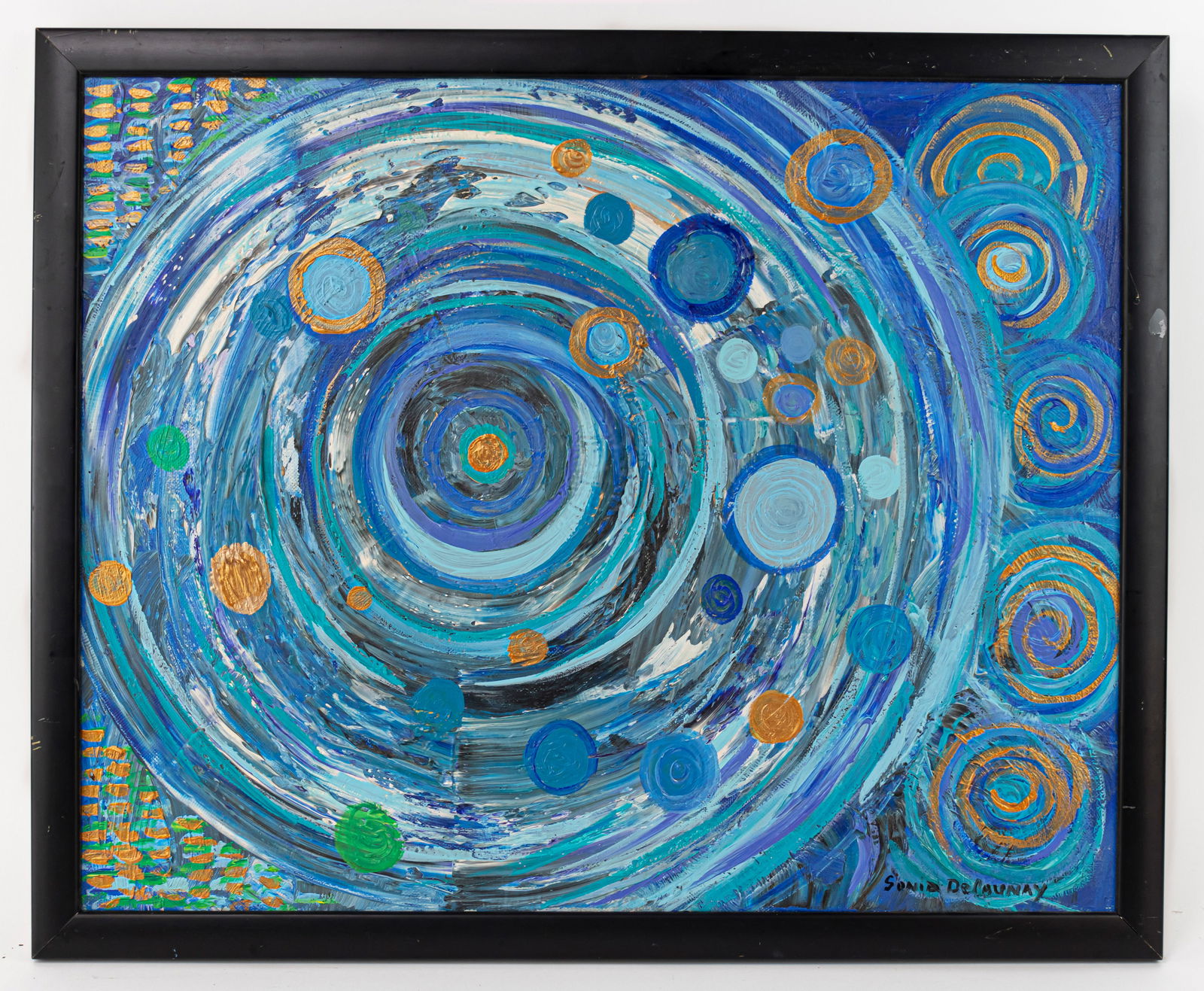 Sonia Delaunay Abstract Framed Oil Painting (In Style of): This lot consists of a hand painted oil on canvas rendered in style of the French Sonia Delaunay (1885-1979) She was a French artist born to Jewish parents, who spent most of her working life in Paris