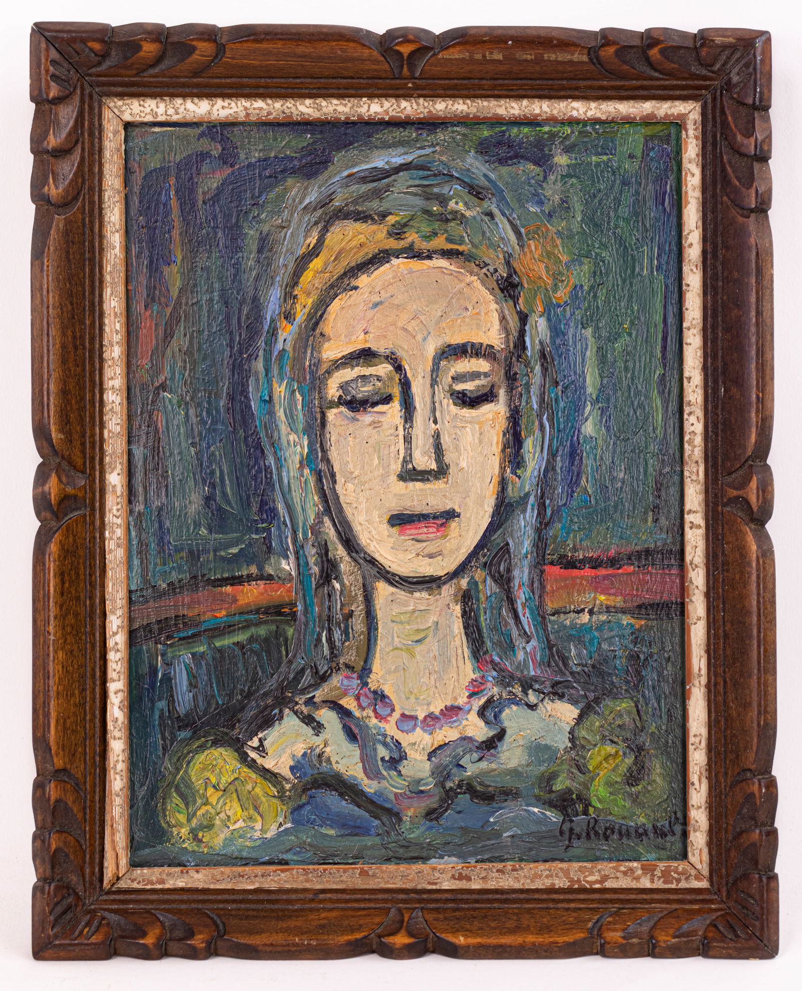 George Rouault French Oil Painting on Cardboard (In Style of): This lot consists of a hand painted Oil on Cardboard rendered in style of the French painter, draughtsman and print artist Georges Rouault (1871-1958). Georges Rouault was a French artist whose work m