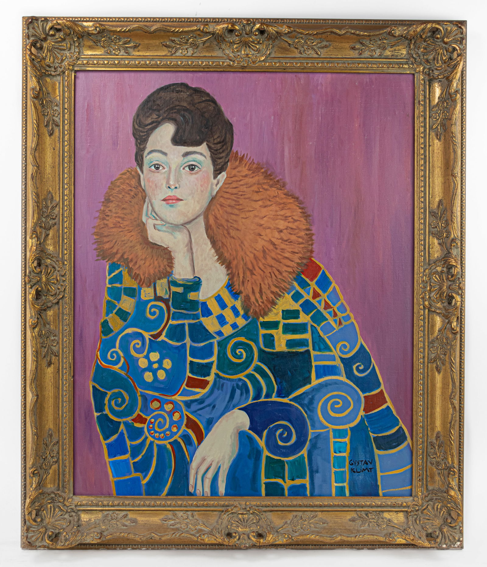 Gustav Klimt Austrian symbolist Oil Painting (In Style Of): This lot consists of a hand painted Oil on Cardboard rendered in style of the Austrian symbolist painter Gustav Klimt (1862-1918). Gustav Klimt was an Austrian symbolist painter and one of the most pr