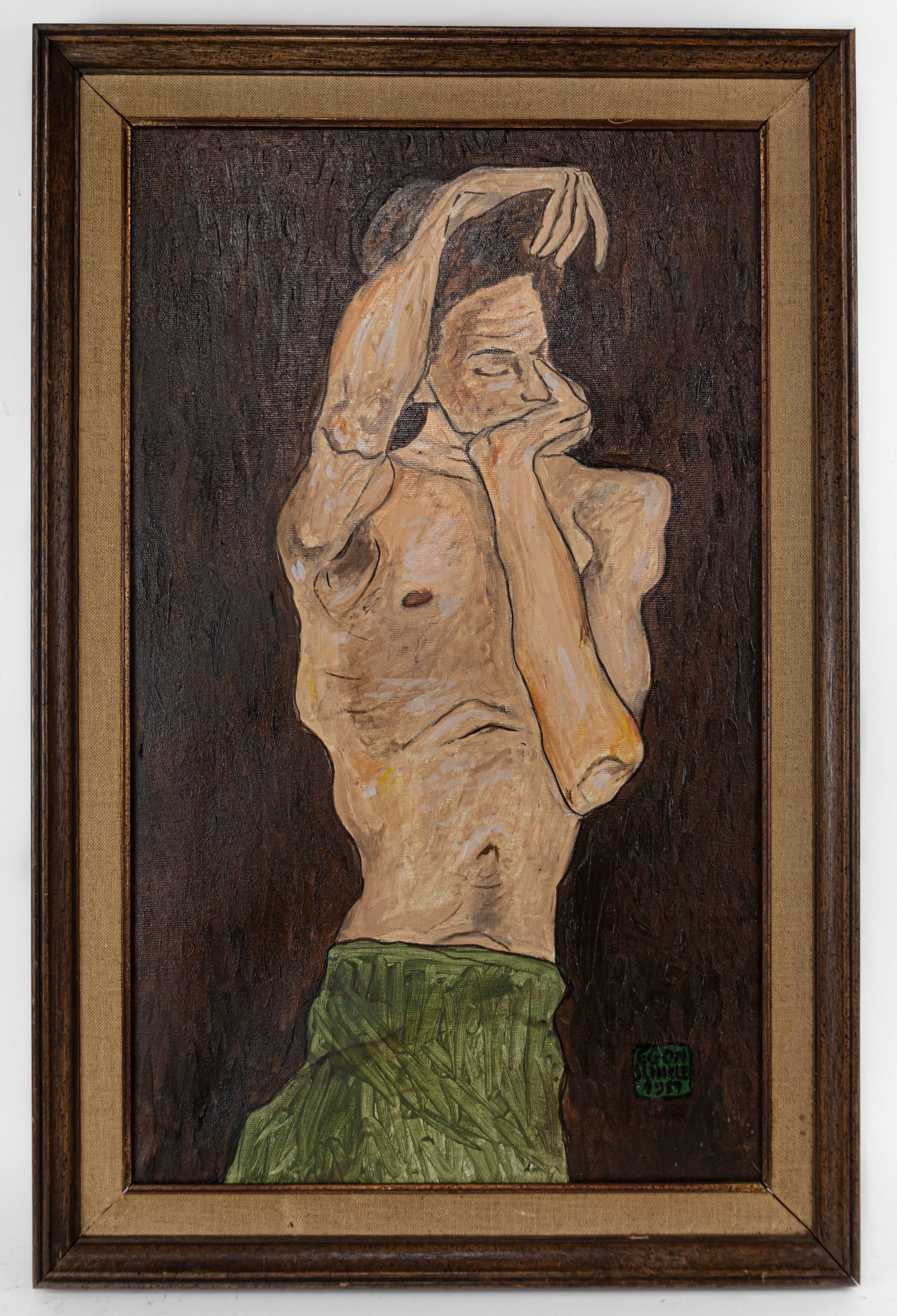 Egon Schiele Framed Oil Painting on Canvas In Style Of: This lot consists of a hand painted oil on canvas rendered in style of the Austrian painter Egon Schiele (1890-1918). Egon Schiele was an Austrian painter. A protege of Gustav Klimt, Schiele was a maj