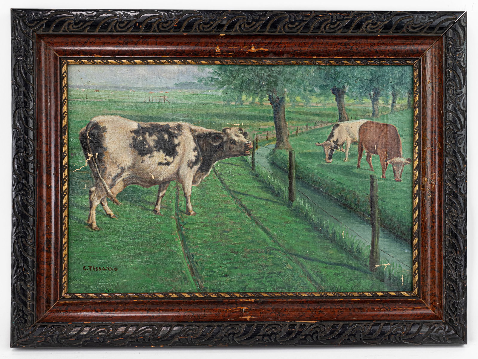 Camille Pissarro French Framed Oil painting Cezanne, Monet, van Gogh era: This lot consists of a hand painted oil on Board rendered in style of the French painter Camille Pissarro (1830-1903). He was a Danish-French Impressionist and Neo-Impressionist painter born on the is