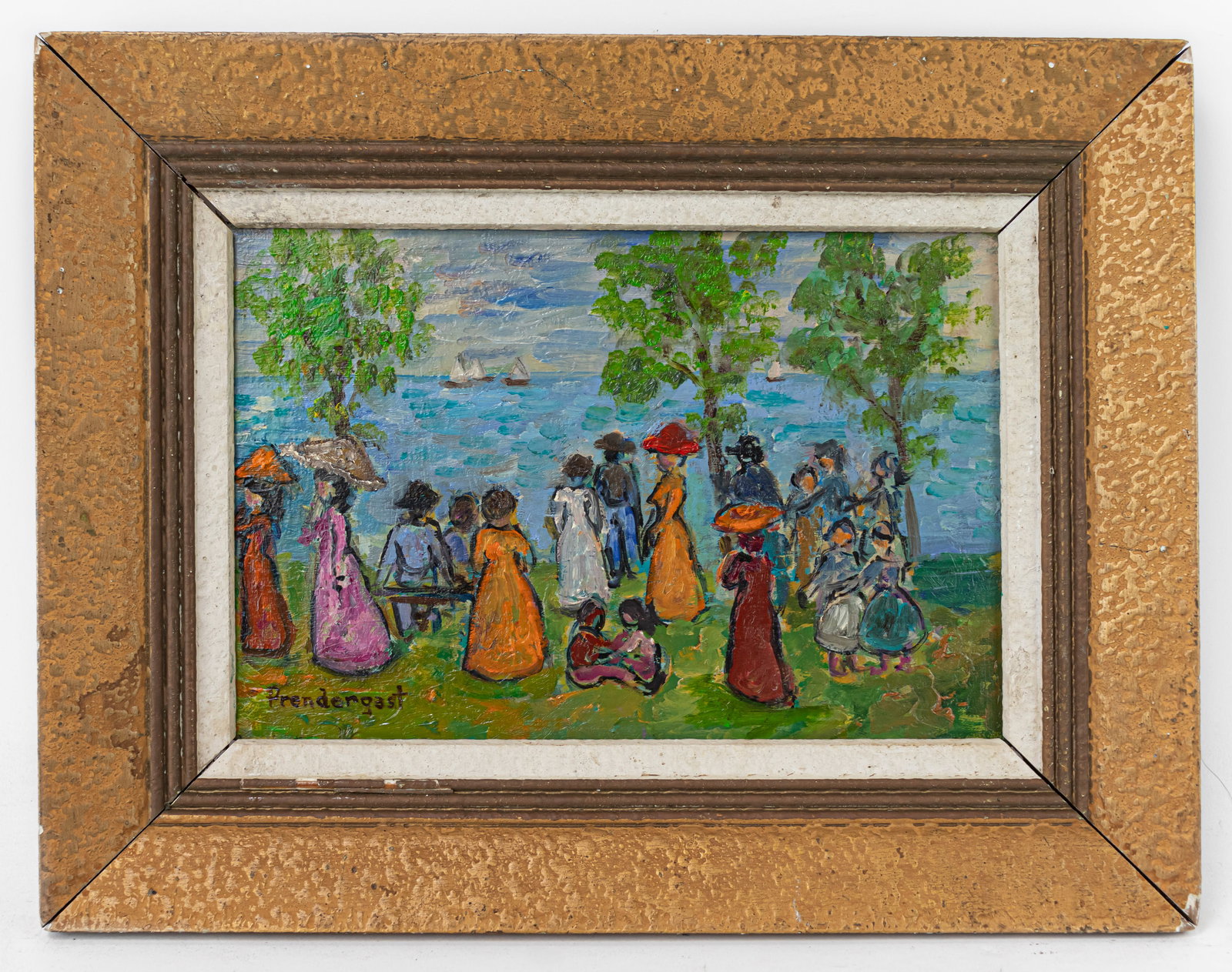 Maurice Prendergas American Framed Oil Painting (in Style of): This lot consists of a hand painted oil on canvas rendered in style of the American artist Maurice Prendergast (1858-1924). Maurice Brazil Prendergast was an American artist who painted in oil and wat