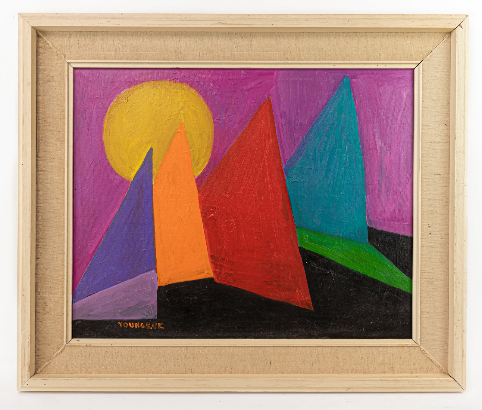 Yoo Youngkuk Abstract Framed Oil Painting (In Style of): This lot consists of a hand painted Oil on Canvas rendered in style of the Korean painter Yoo Youngkuk (1916-2002). Yoo Youngkuk was a pioneer of Korean abstract art and Korean modern art in general.