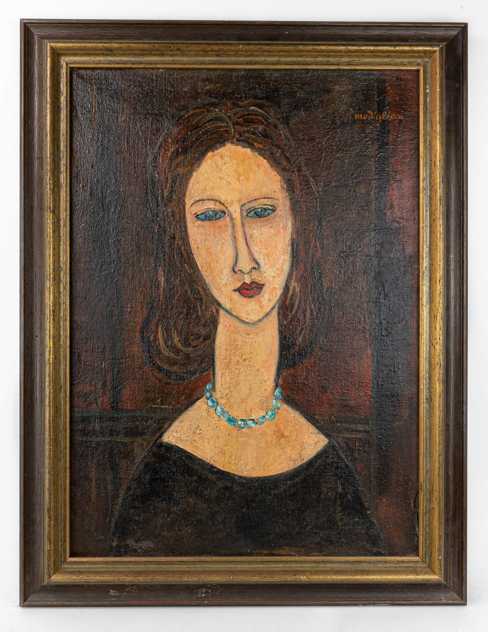 Amedeo Modigliani Expressionist Oil Painting (In Style Of): This lot consists of a hand painted oil on canvas rendered in style of the Expressionist painter Amedeo Modigliani (1884-1920) Amedeo Clemente Modigliani was an Italian Jewish painter and sculptor who