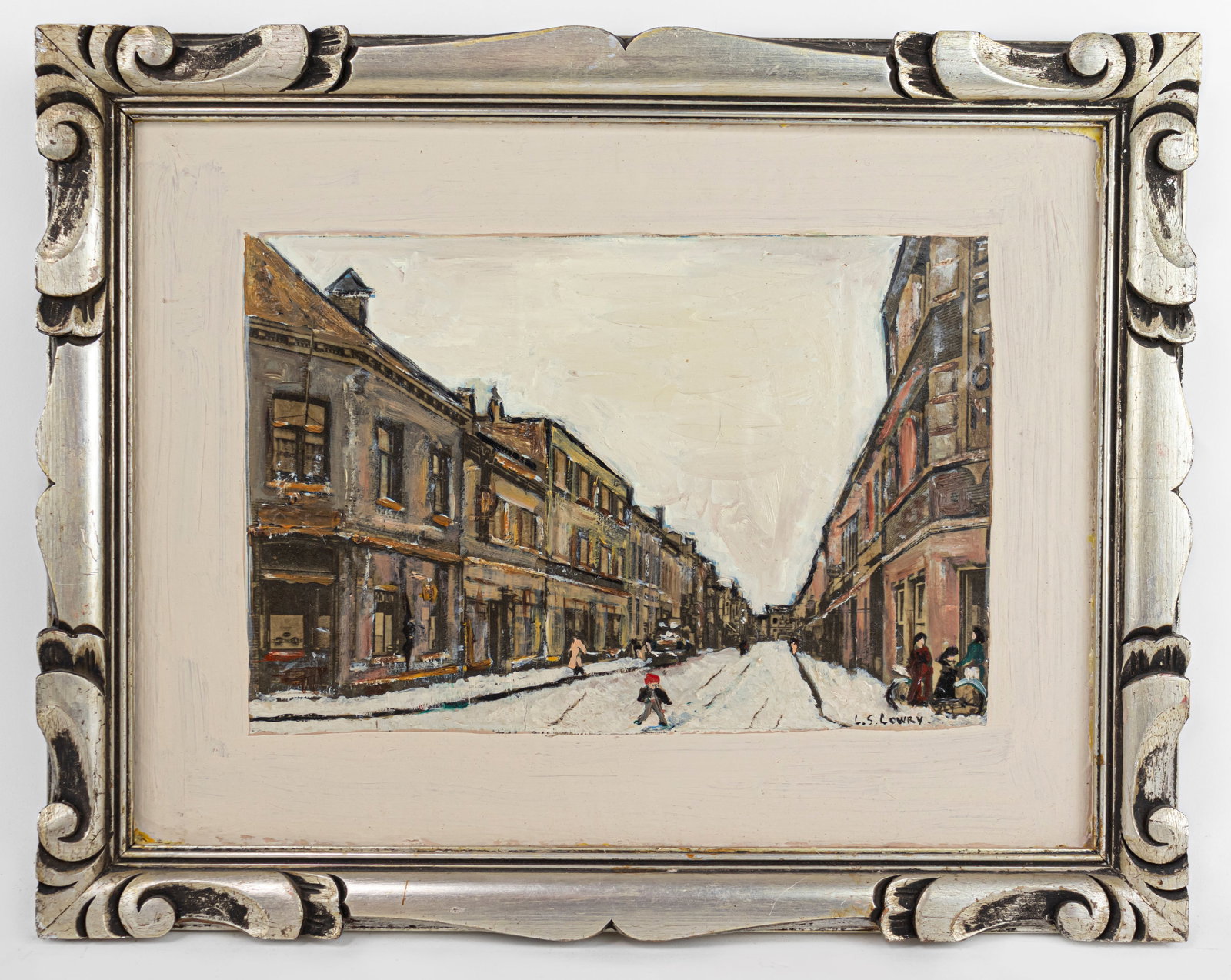 L. S. Lowry English (Oil on Board) In Style of: This lot consists of a hand painted Oil on Board rendered in style of the English L. S. Lowry English (1887-1976). Laurence Stephen Lowry was an English artist. His drawings and paintings mainly depic