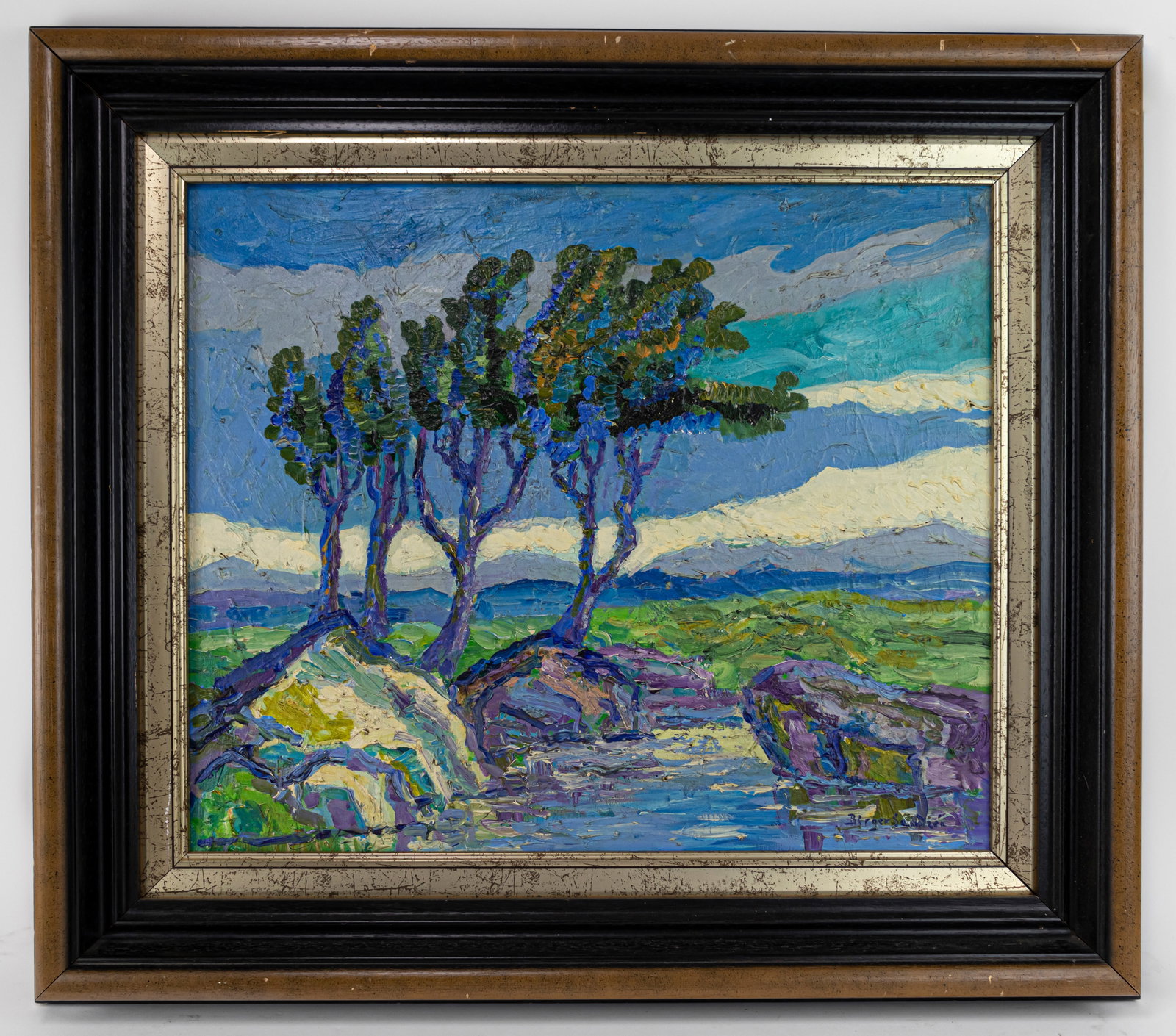 Birger Sandzen American Landscape Oil Painting signed (In Style of): This lot consists of a hand painted Oil on Canvas rendered in style of the Swedish painter Birger Sandzen Sven Birger Sandzen known more commonly as Birger Sandzen, was a Swedish painter best known fo
