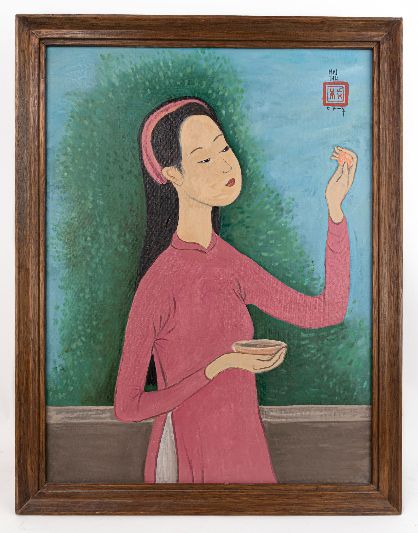 Mai Trung Thu Vietnamese French Oil Painting (In Style of): This lot consists of a hand painted oil on canvas rendered in style of the Vietnamese-French painter Mai Trung Thu (1906-1980) Mai Trung Thu or Mai Thu, was a Vietnamese-French painter. He was one of