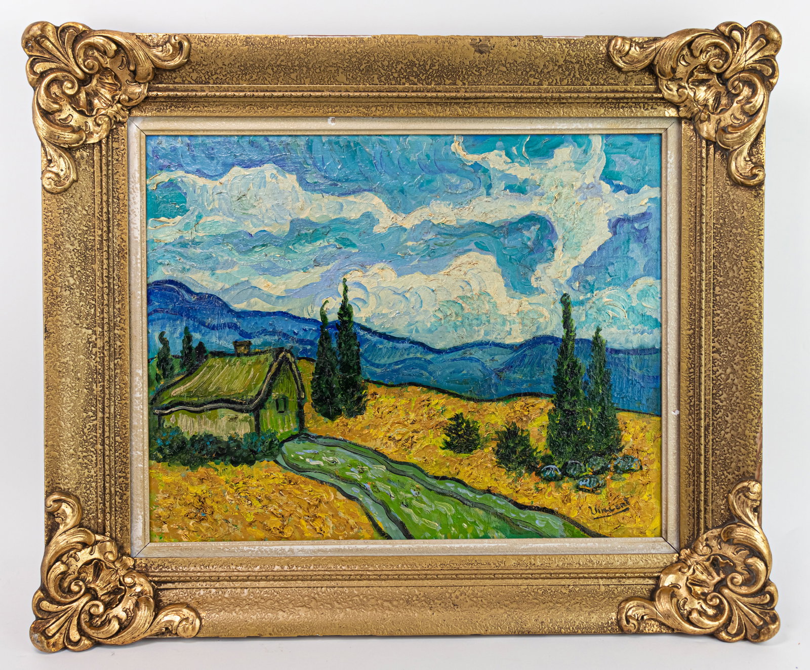 Vincent Van Gogh Dutch Framed Oil Painting on Canvas Landscape (In Style of) Monet, Degas, Cezanne: This lot consists of a hand painted Oil on Canvas rendered in style of the Dutch painter Vincent van Gogh(1853-1890). Vincent Willem van Gogh generally considered the greatest after Rembrandt van Rijn