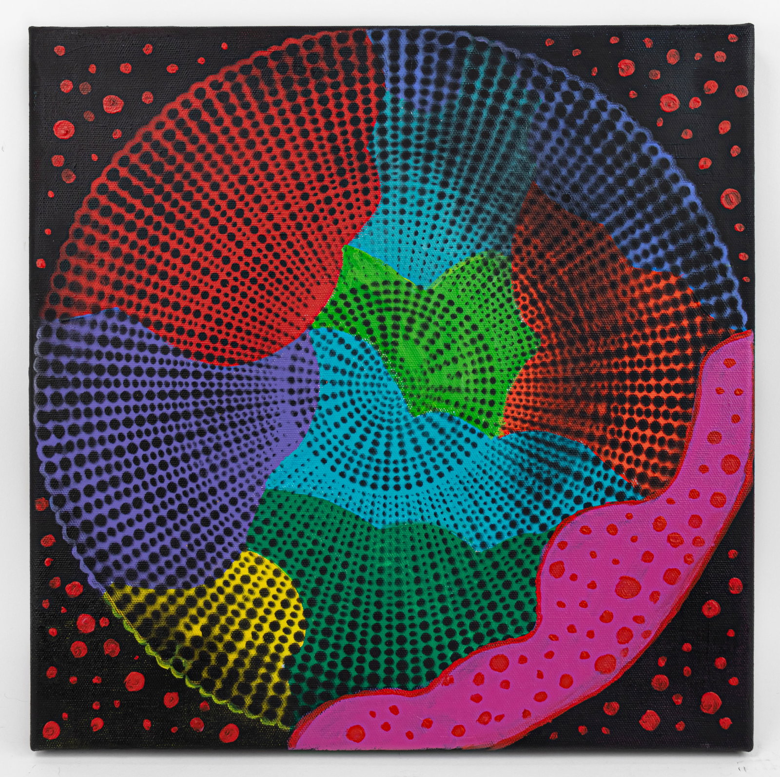 Yayoi Kusama Mixed Media Painting (Style Of): This lot consists of a hand painted Mixed media on Canvas, rendered in style of the Japanese Artist Yayoi Kusama Yayoi Kusama's work has transcended two of the most important art movements of the seco