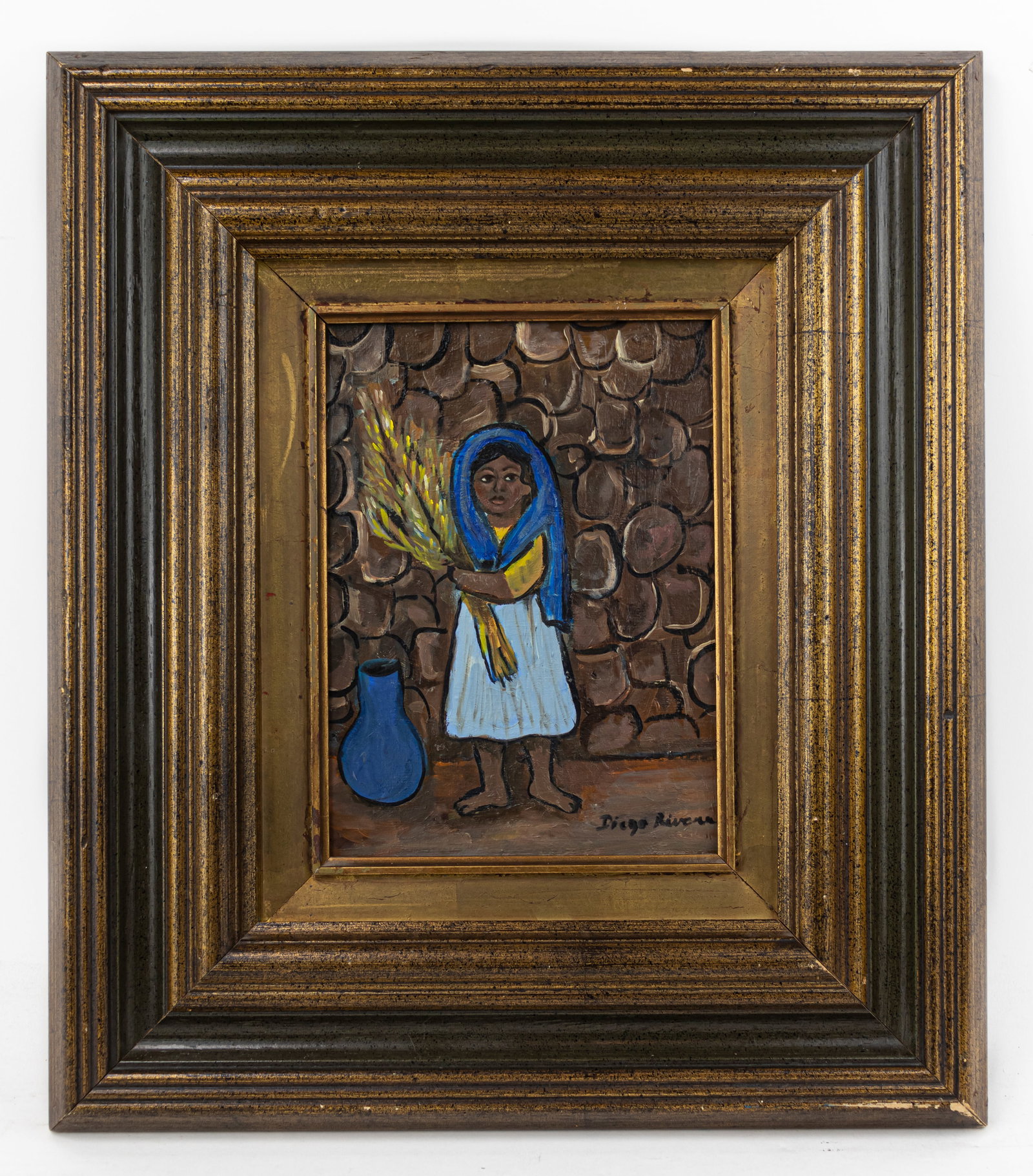 Diego Rivera Mexican Framed Oil Painting (in the style of): This lot consists of a hand painted Oil on Canvas rendered in style of the Mexican artist Diego Rivera (1886-1957) Diego Rivera, a memorable figure in 20th-century art, actively painted during the 50 