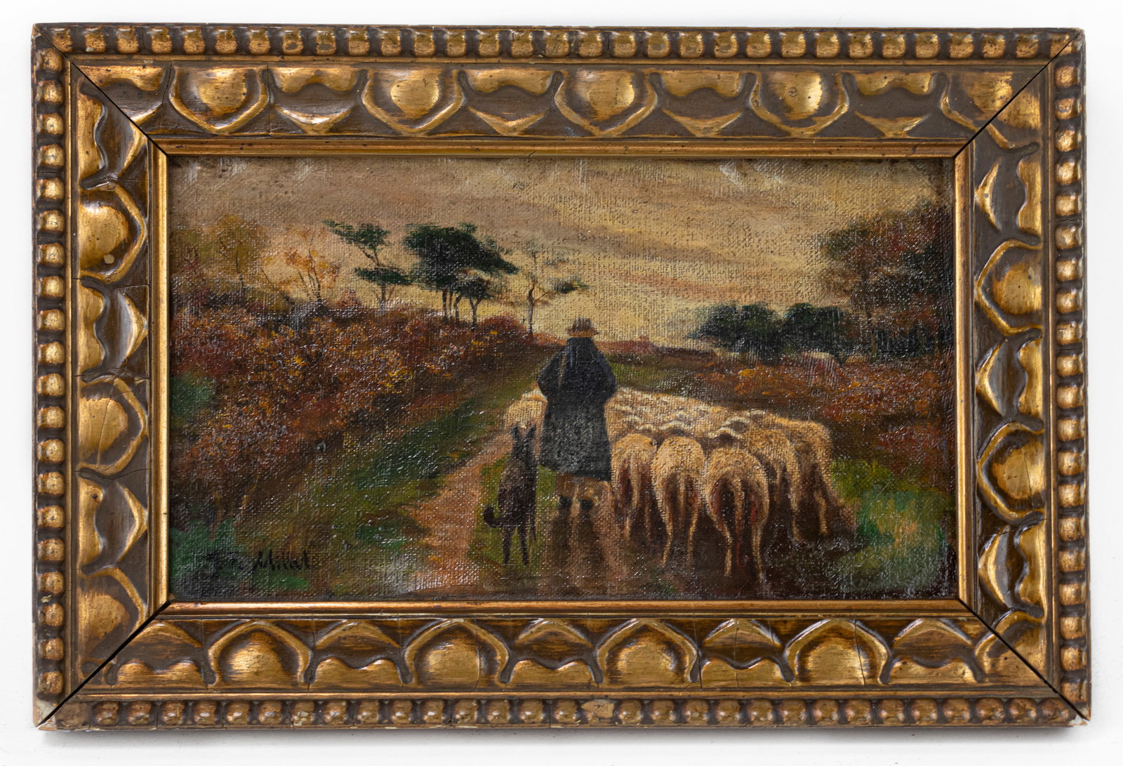 French Jean-François Millet Framed Oil Painting (In Style of): This lot consists of a hand painted oil on Board rendered in style of the French painter Jean-François Millet (1814-1875)He was a French artist and one of the founders of the Barbizon school in rural