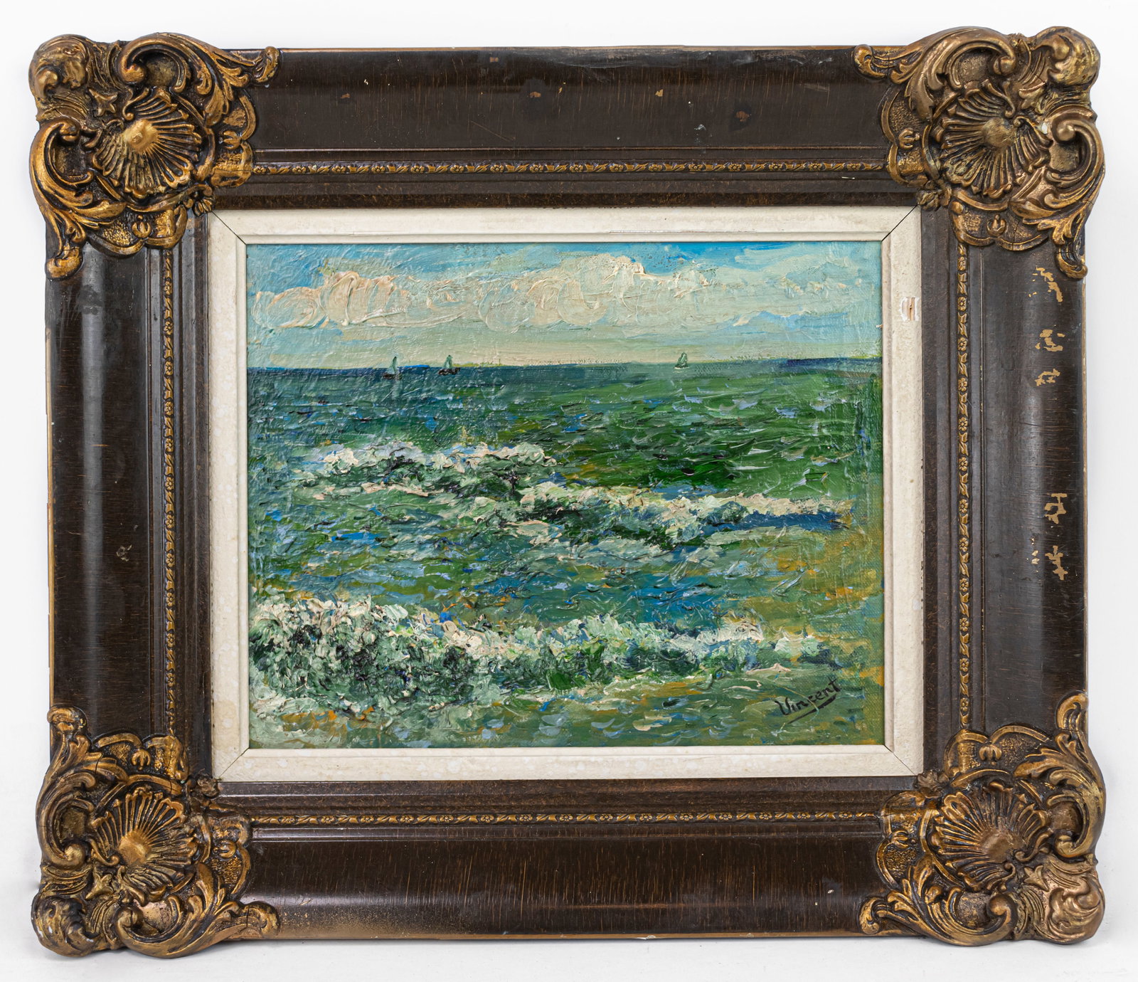 Vincent Van Gogh Dutch Framed Oil Painting on Canvas Seascape (In Style of) Monet, Degas, Cezanne: This lot consists of a hand painted Oil on Canvas rendered in style of the Dutch painter Vincent van Gogh(1853-1890). Vincent Willem van Gogh generally considered the greatest after Rembrandt van Rijn