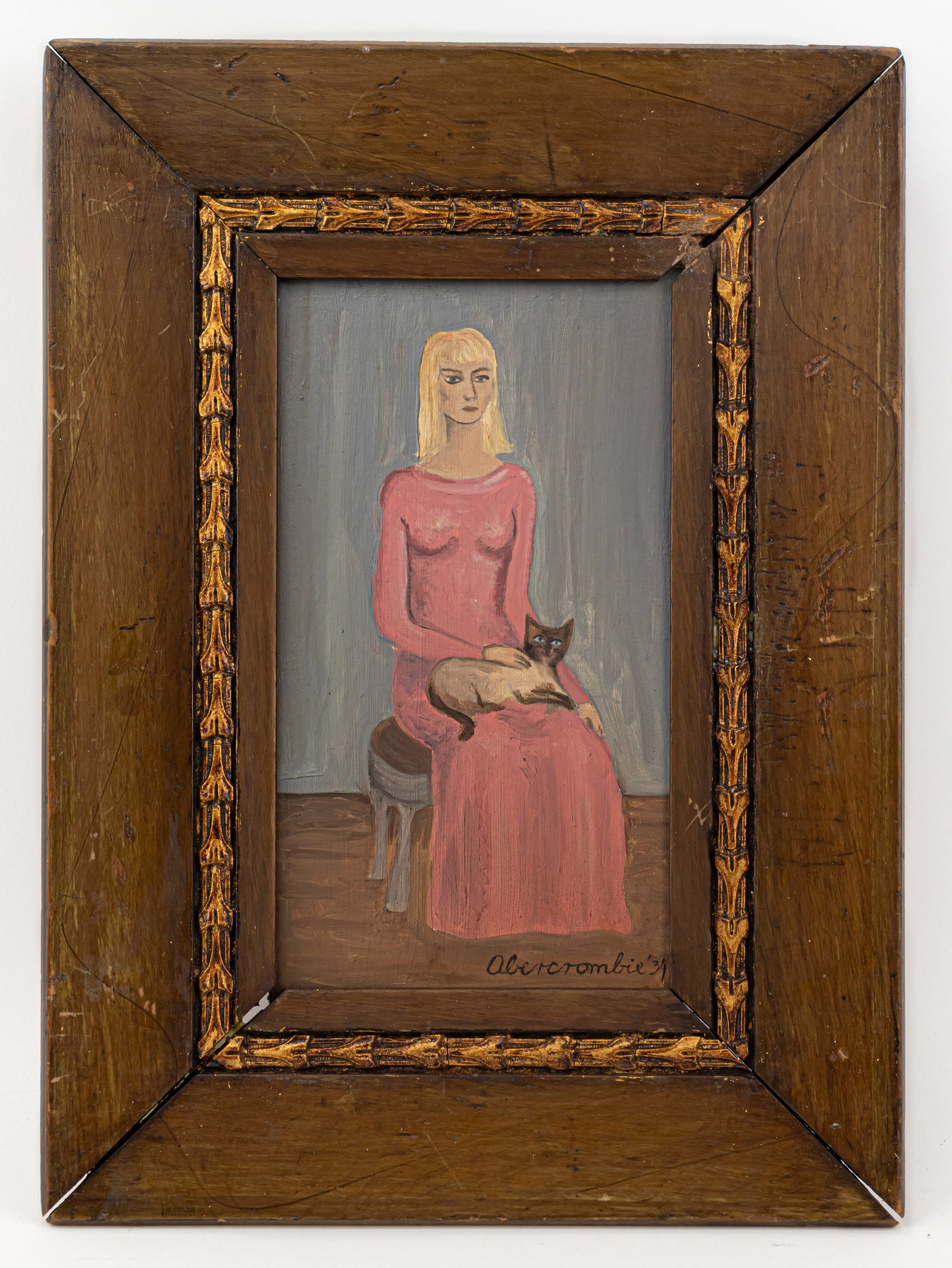 Gertrude Abercrombie American painting (Oil on Masonite) In style of: This lot consists of a hand painted Oil on Masonite rendered in style of the American Gertrude Abercrombie (1909-1977). They called her the "Queen of the Bohemian Artists," and she presided over gathe