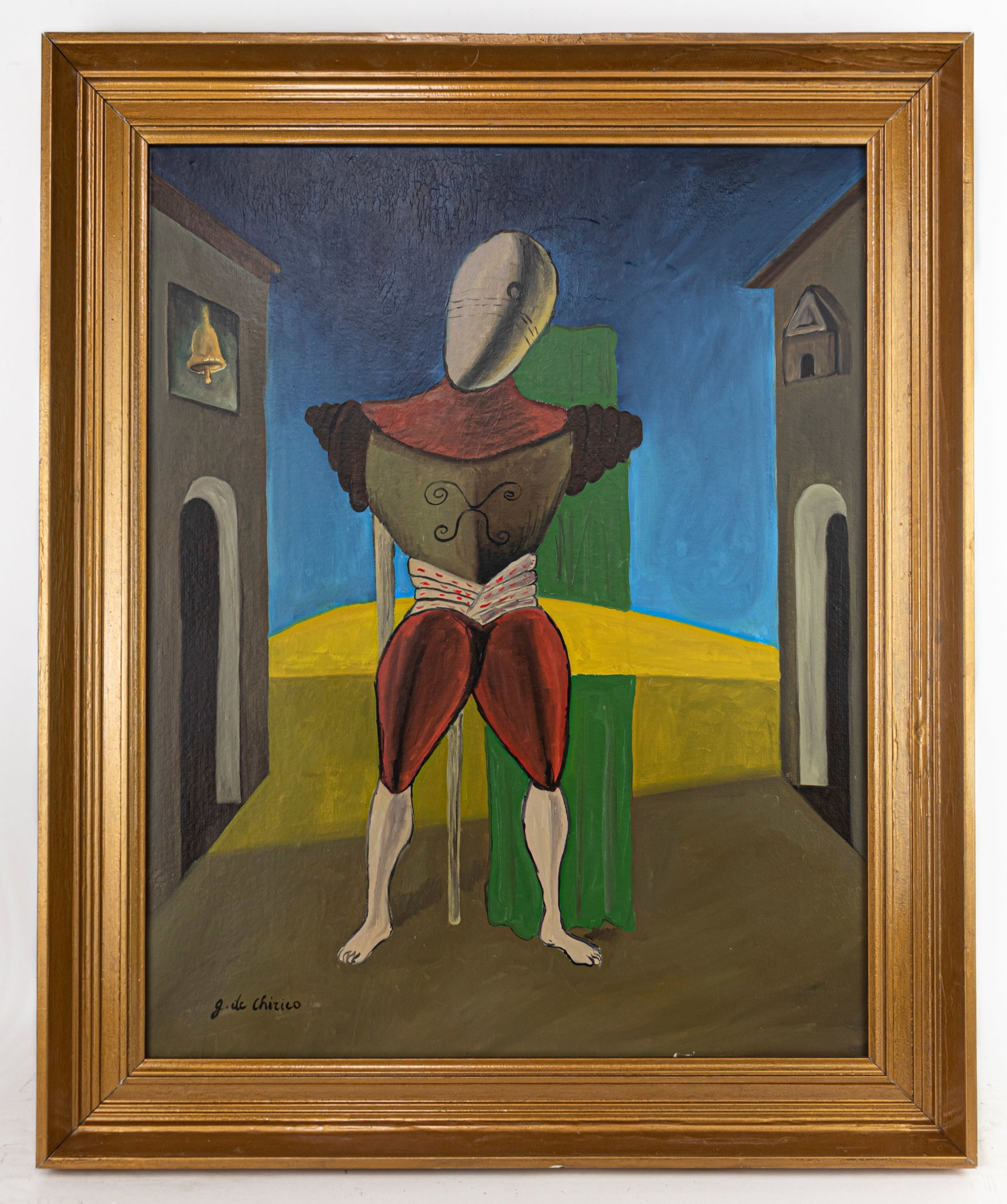 Giorgio de Chirico Greek-Italian Framed Oil Painting (In Style of): This lot consists of a hand painted Oil on Canvas rendered in style of the Greek-Italian painter Giorgio de Chirico Giuseppe Maria Alberto Giorgio de Chirico(1888-1978) was a Greek-Italian artist and 