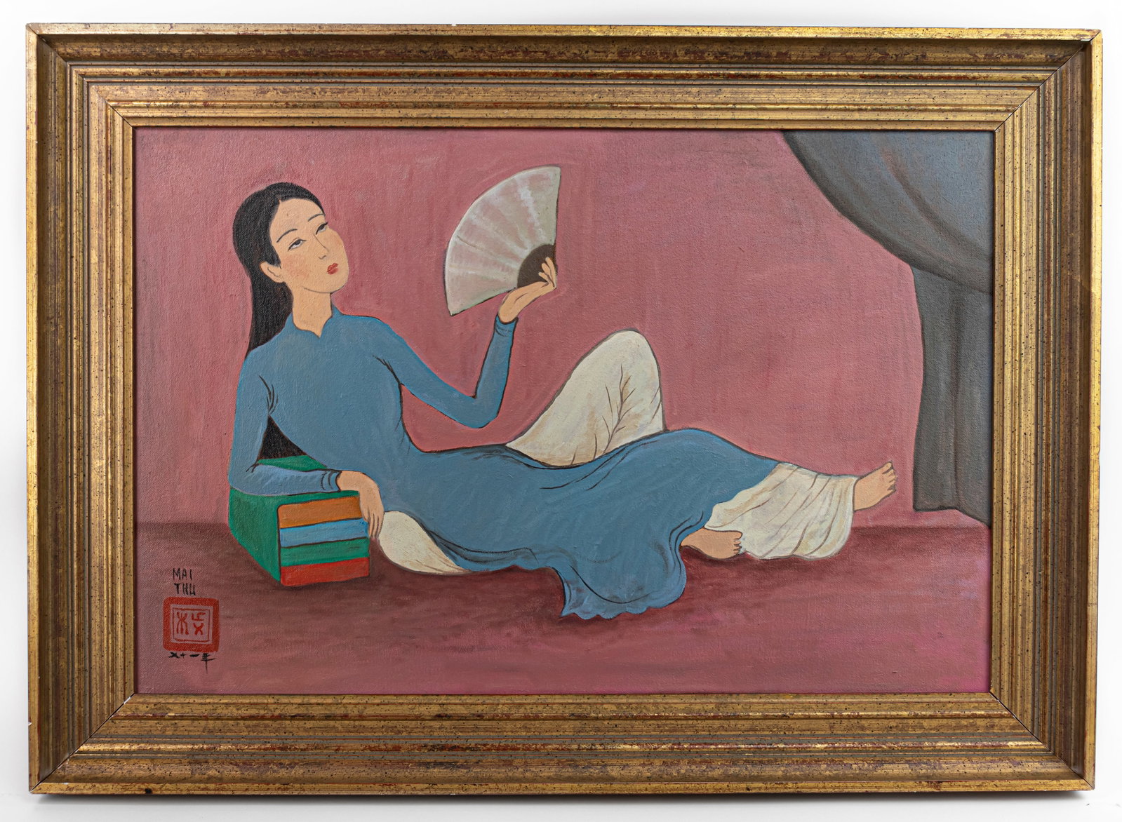Mai Trung Thu Vietnamese French Oil Painting (In Style of): This lot consists of a hand painted oil on canvas rendered in style of the Vietnamese-French painter Mai Trung Thu (1906-1980) Mai Trung Thu or Mai Thu, was a Vietnamese-French painter. He was one of 